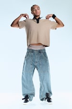 02 Blue - Mittelblau - Dunno Unisex Low Rise Loose Barrel Leg Jeans - 1