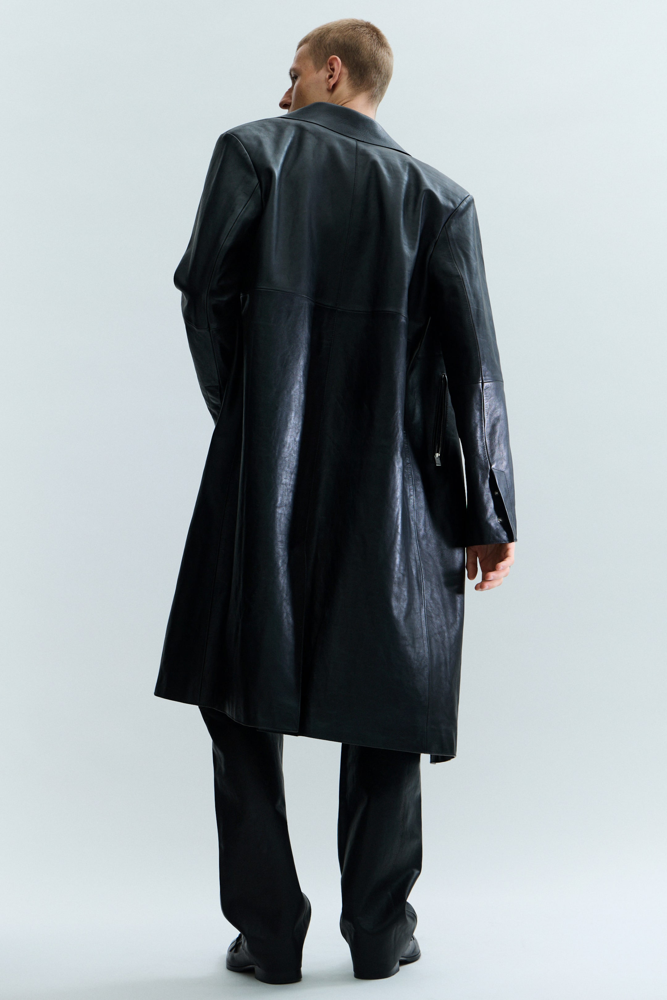 Black - Single-Breasted Leather Coat - 3