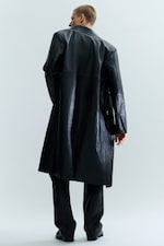 Black - Single-Breasted Leather Coat - 3