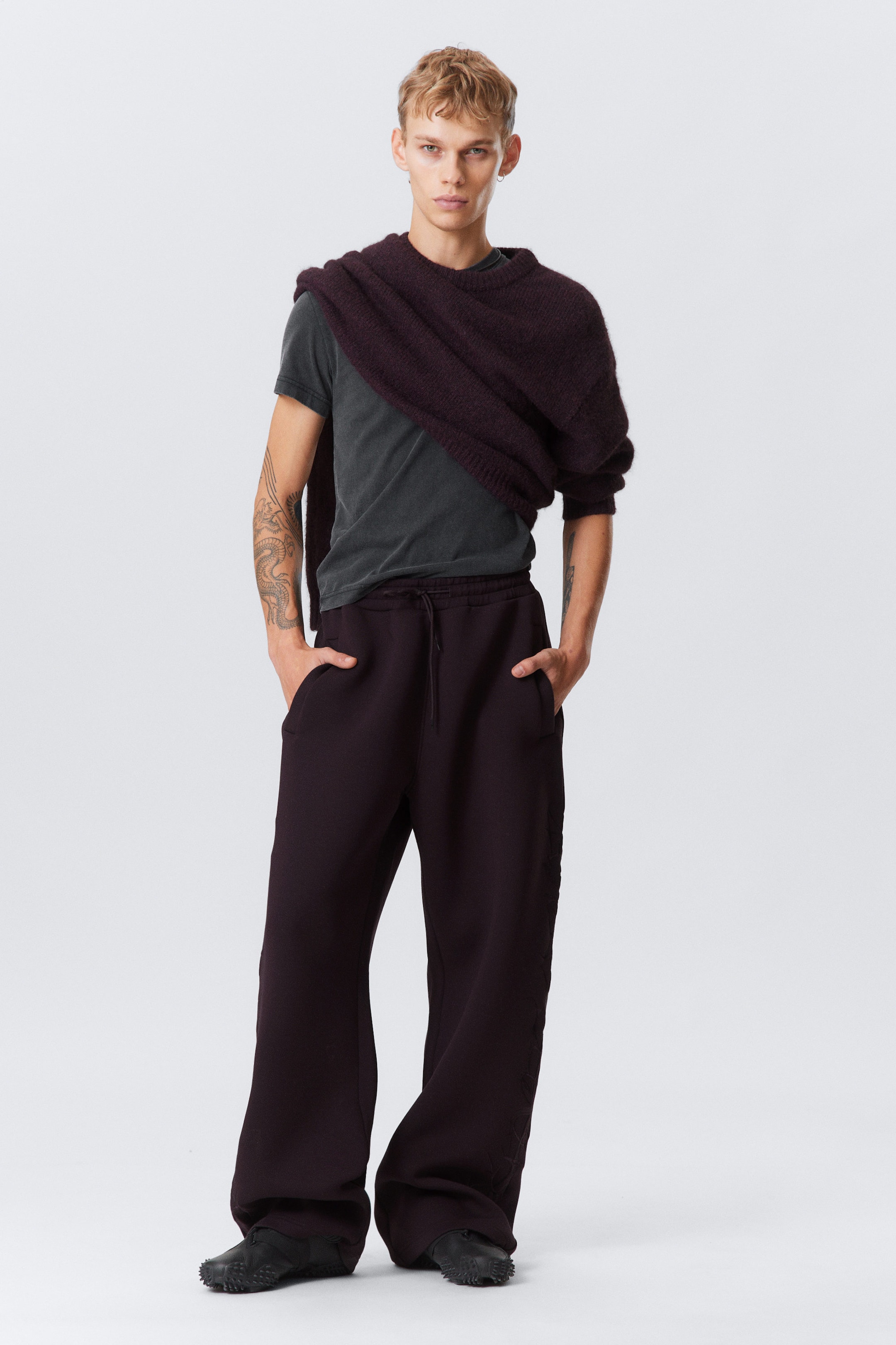 Dark Purple - Embroidered - Graphic Loose Fit Scuba Sweatpants - 1