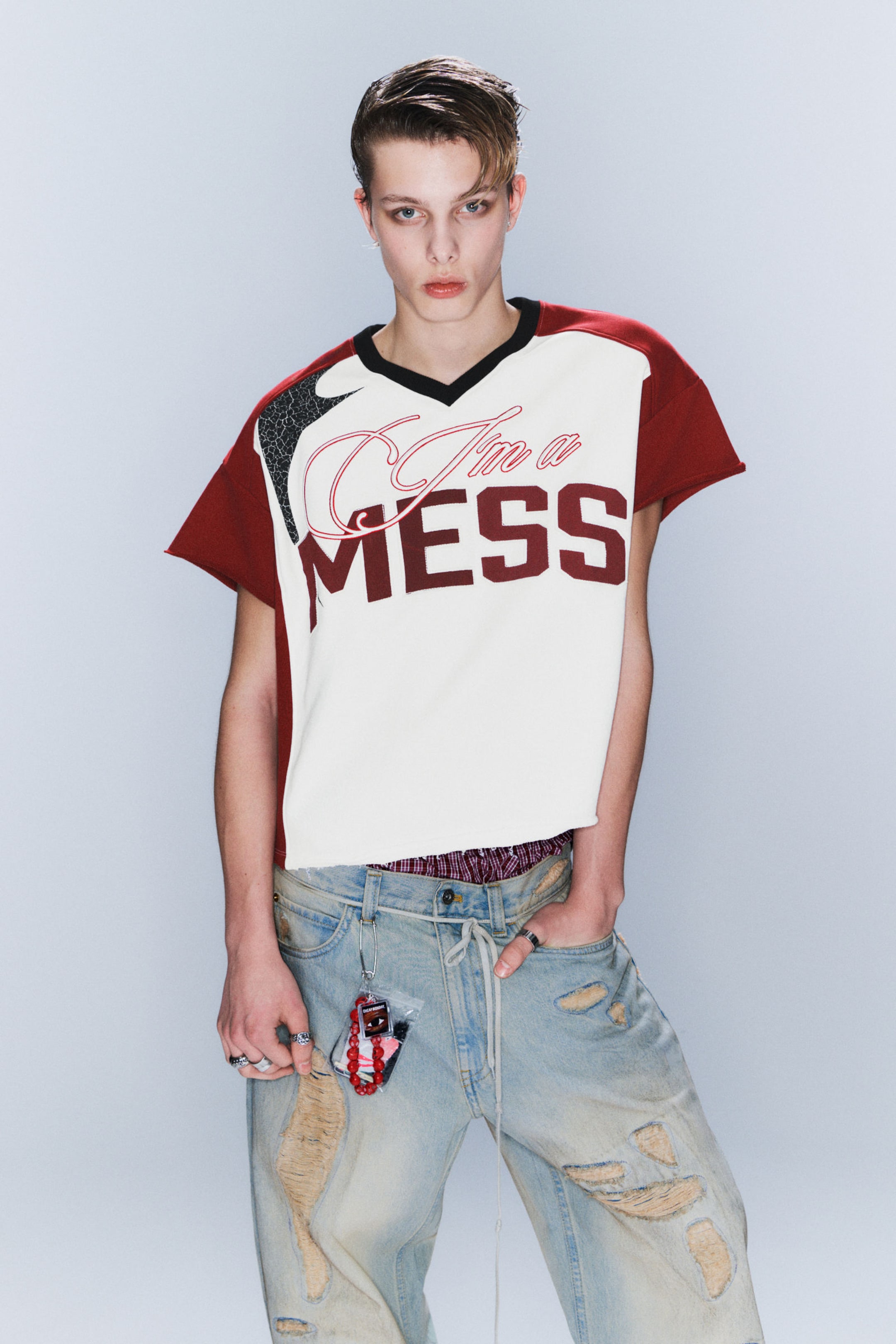 Dark Red & White - I'M A MESS - CM x LB Short-Sleeved Unisex Football T-shirt - 5