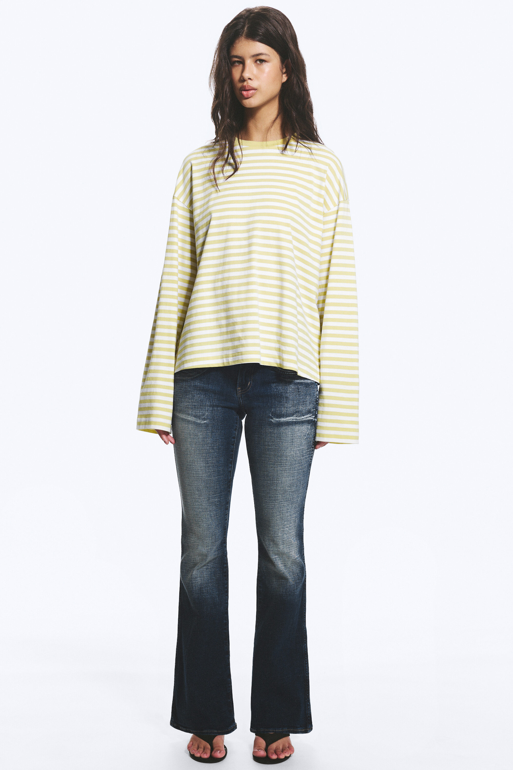 long-sleeved cotton t-shirt - Striped Dusty Yellow | Monki WW