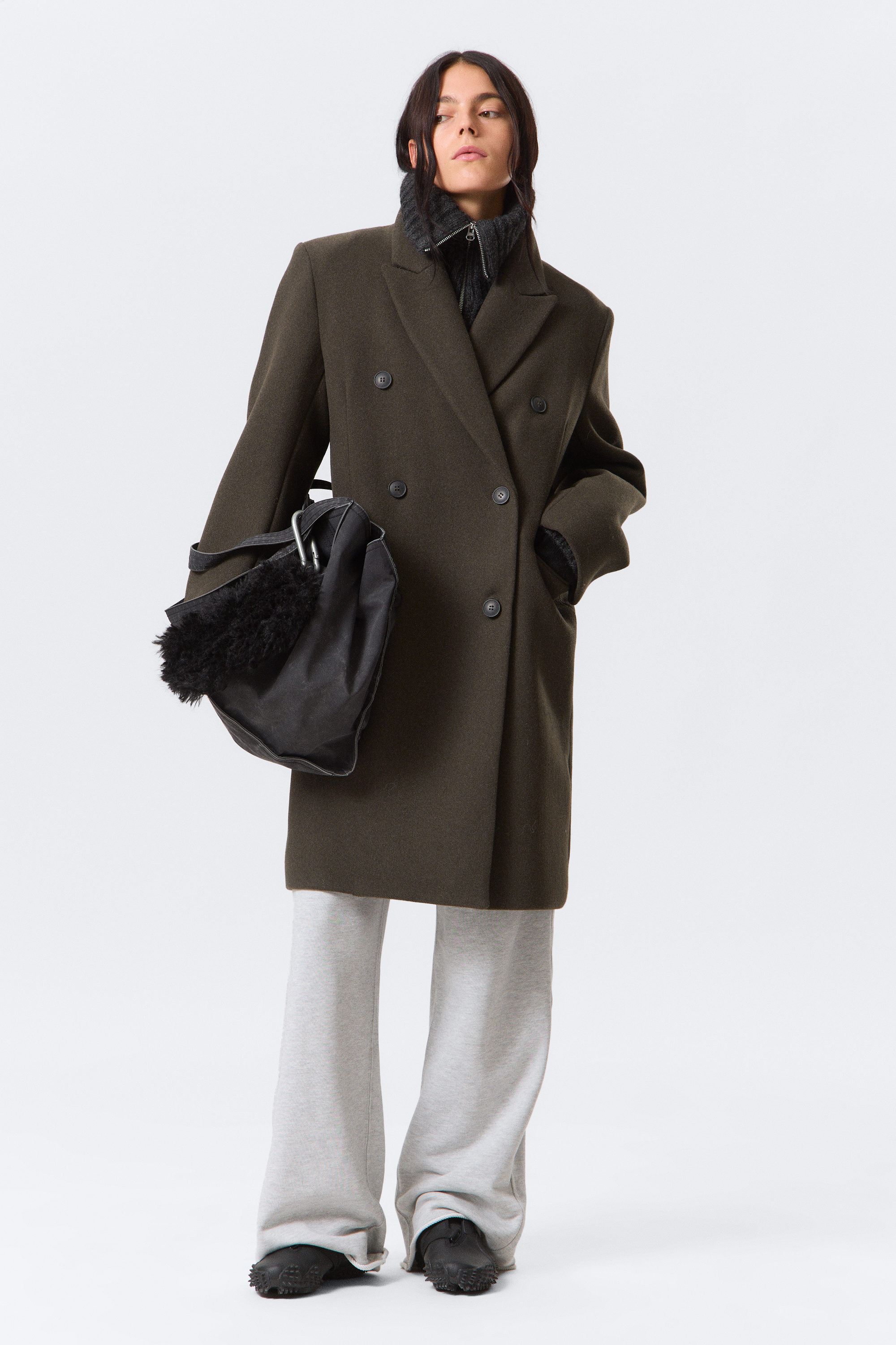 Dark Khaki Green - Oversized Knee-Length Wool-Blend Coat - 2