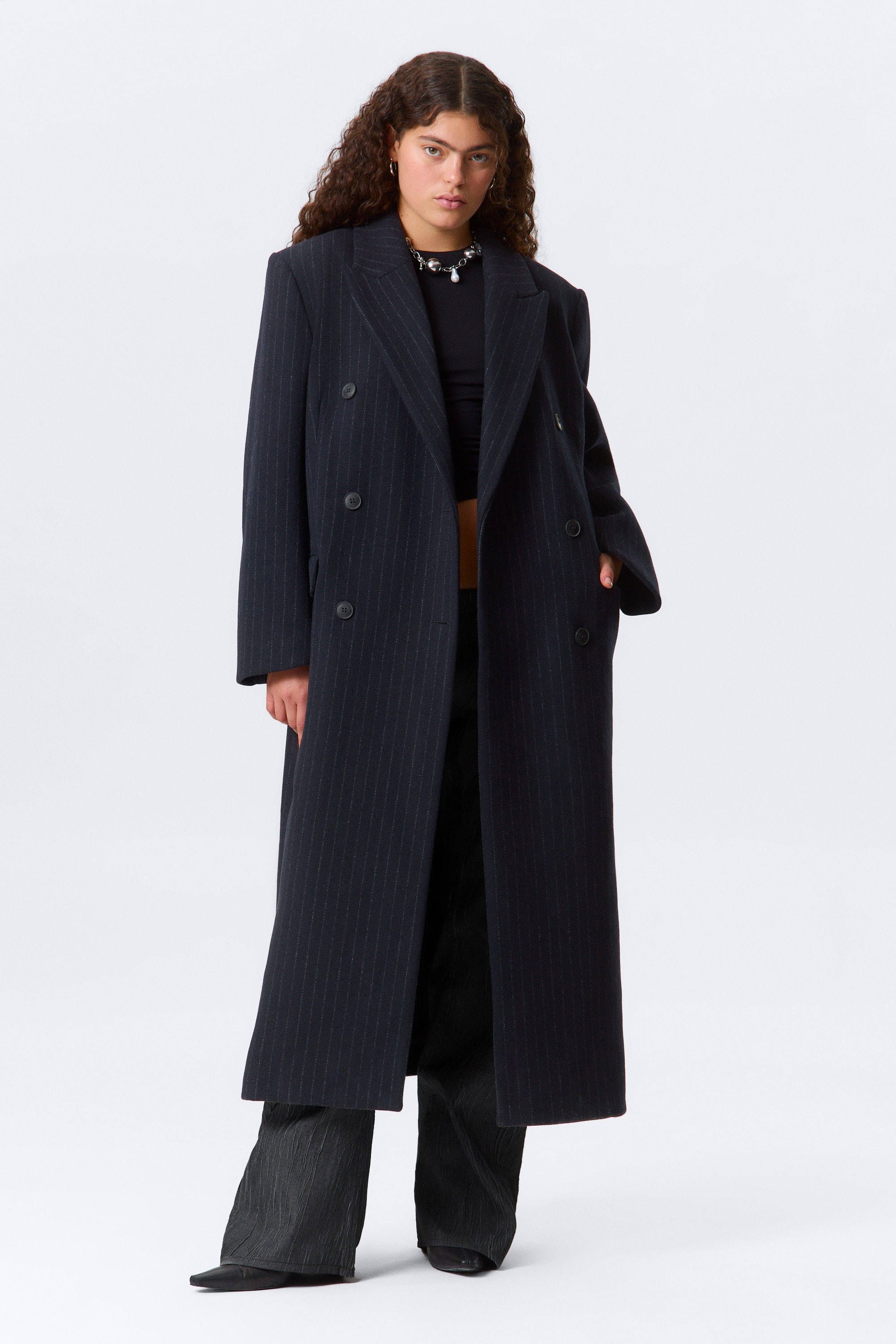 Dunkelblau - Nadelstreifen - Zweireihiger Oversized-Mantel aus Wollmischung - 2