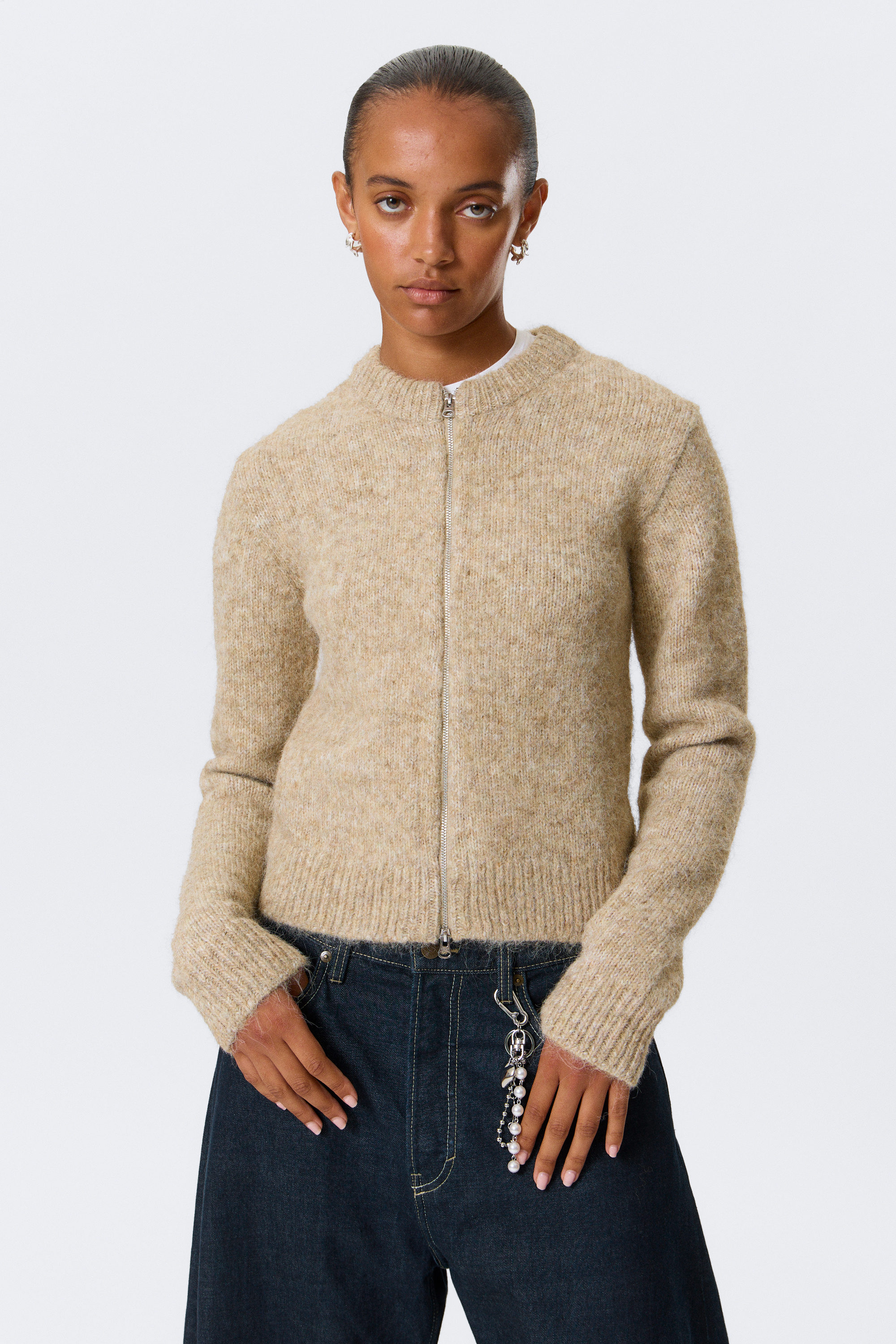 Beige Melange - Slim Knitted Zip Cardigan - 1