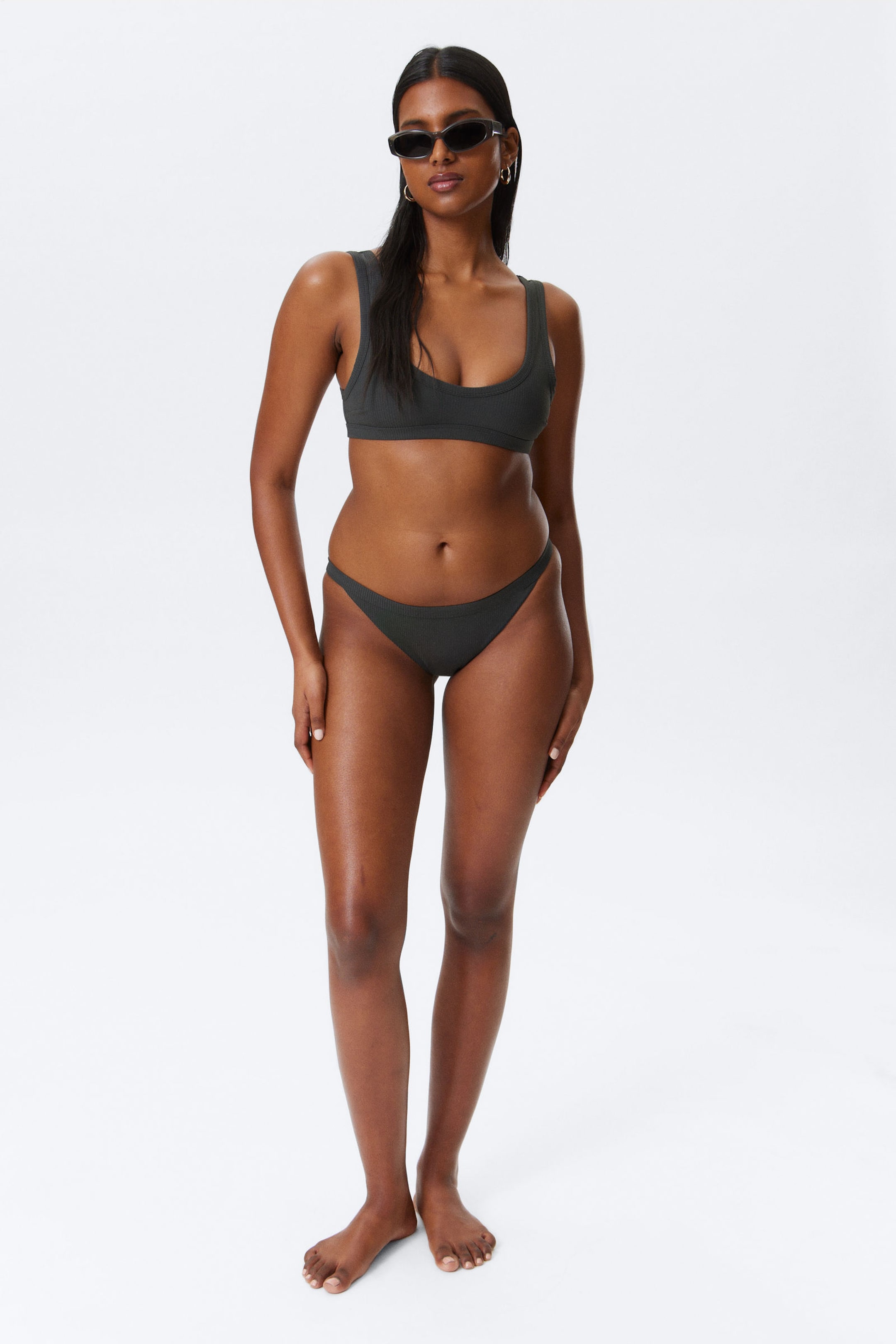 Dark Grey - Low Rise Ribbed Brazilian Bikini Bottoms - 2