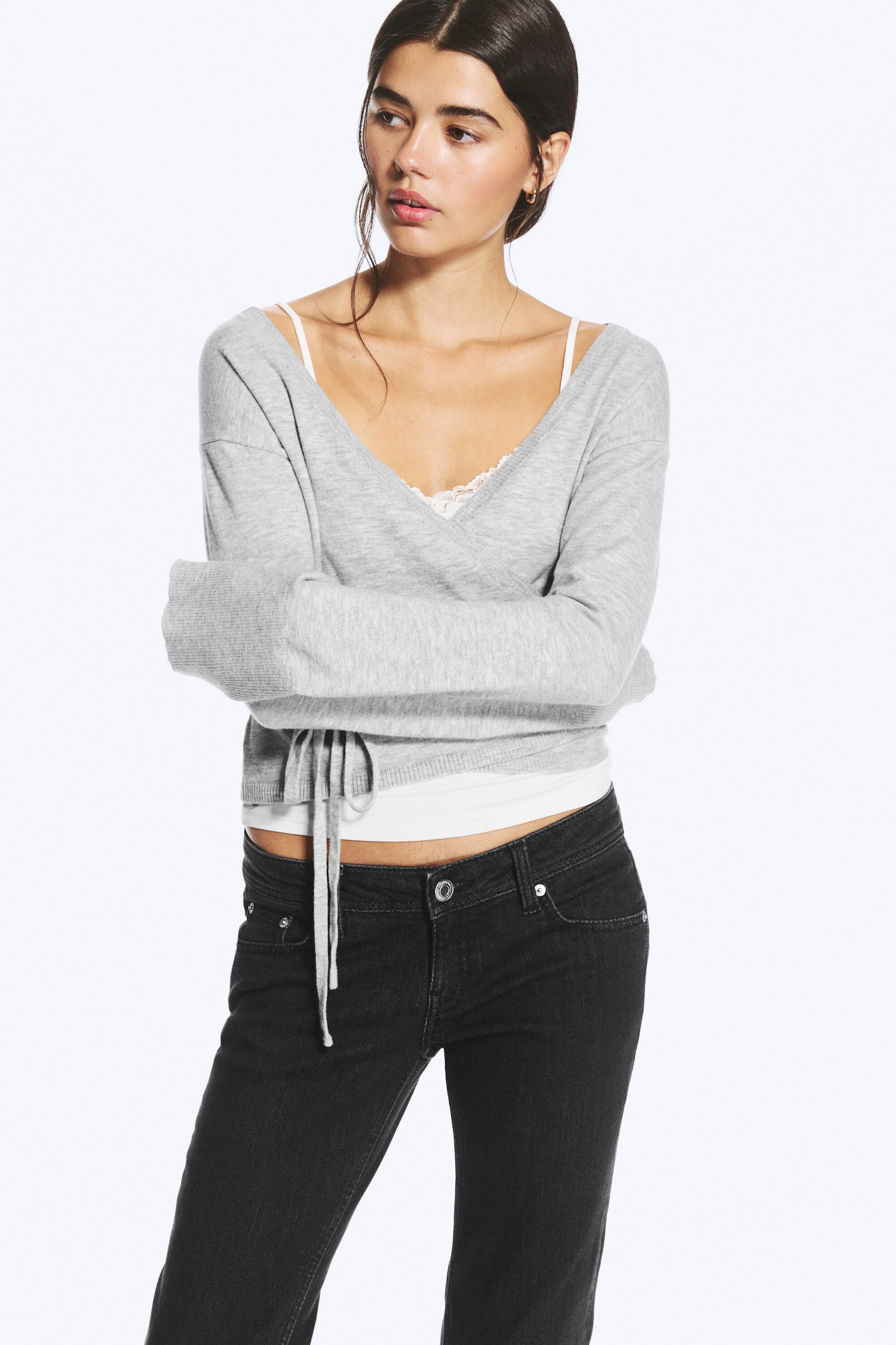 Grey Melange - V-Neck Wrap Knit Cardigan - 2