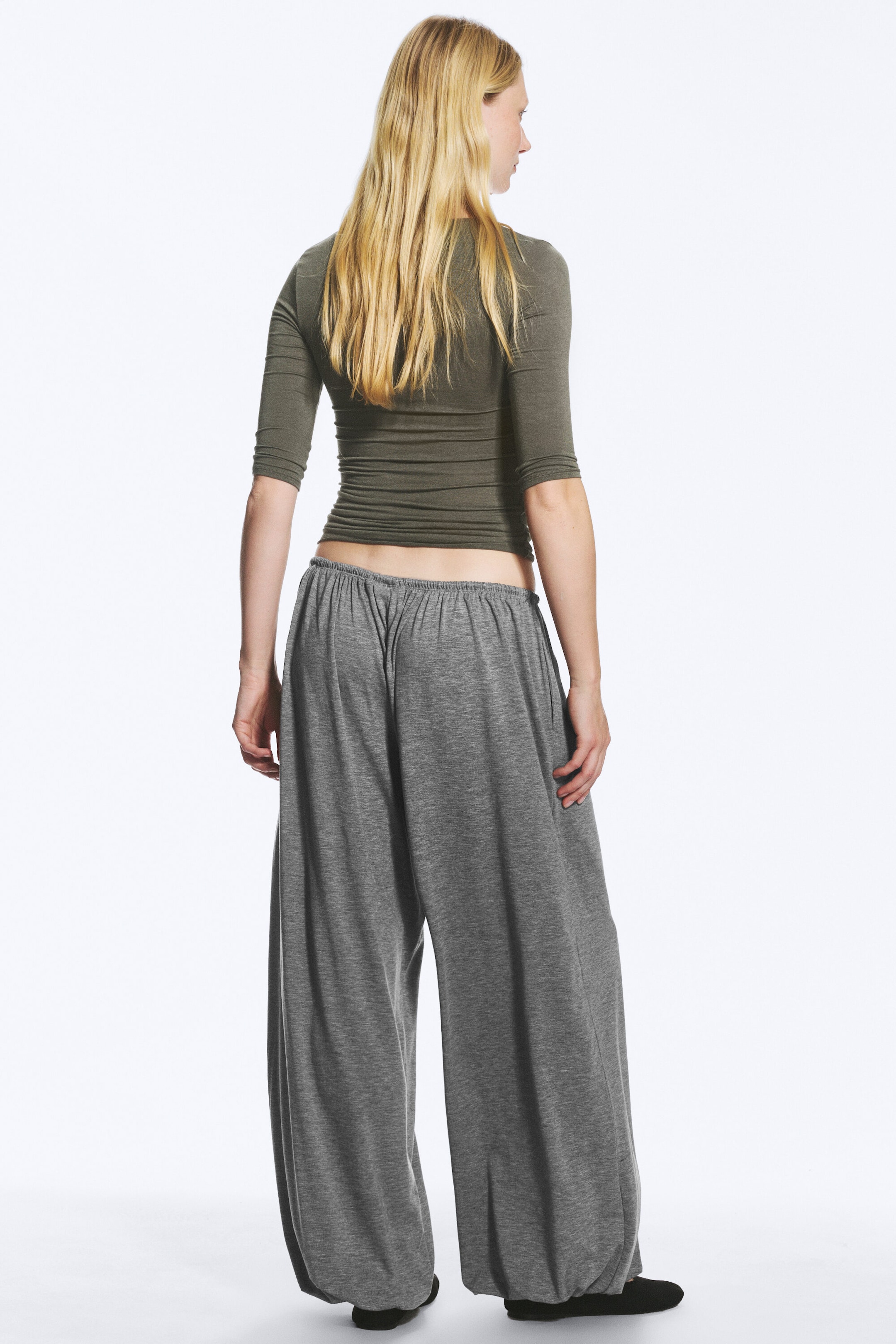 Grey Melange - Soft Mid-Rise Balloon Trousers - 4