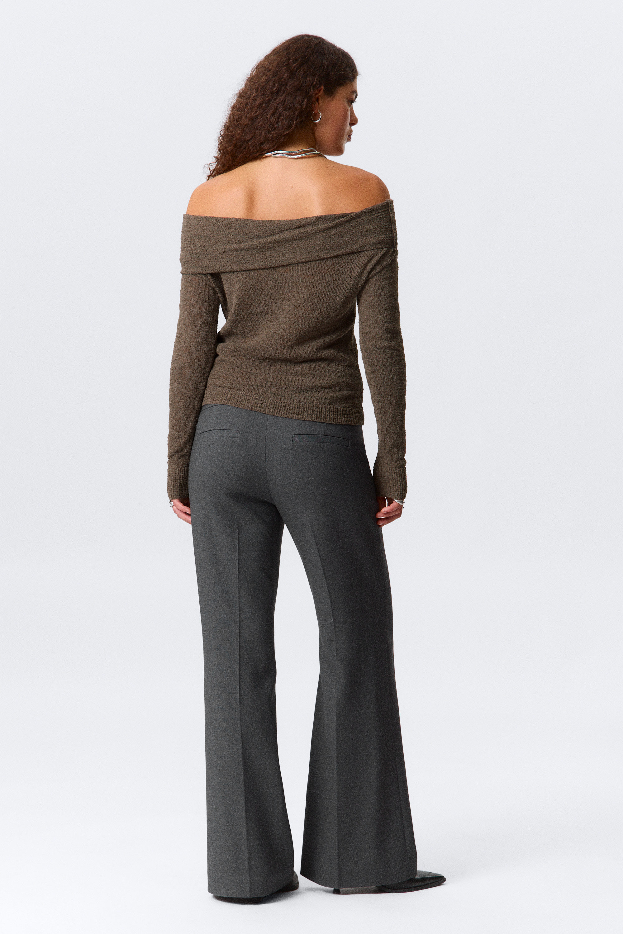 Dark Brown - Off-Shoulder Knitted Sweater - 3