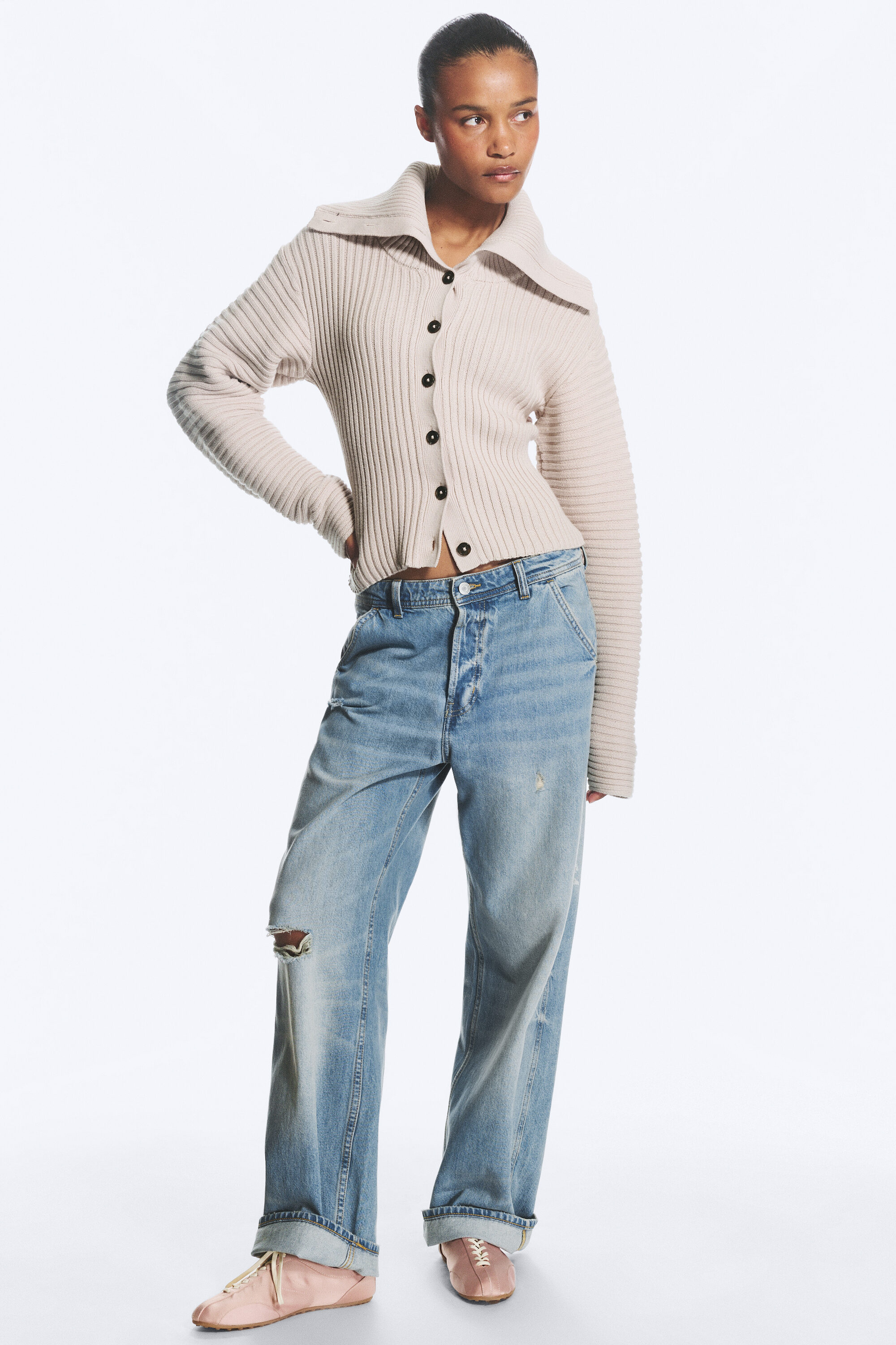rib knit peplum zip sweater - White | Monki WW