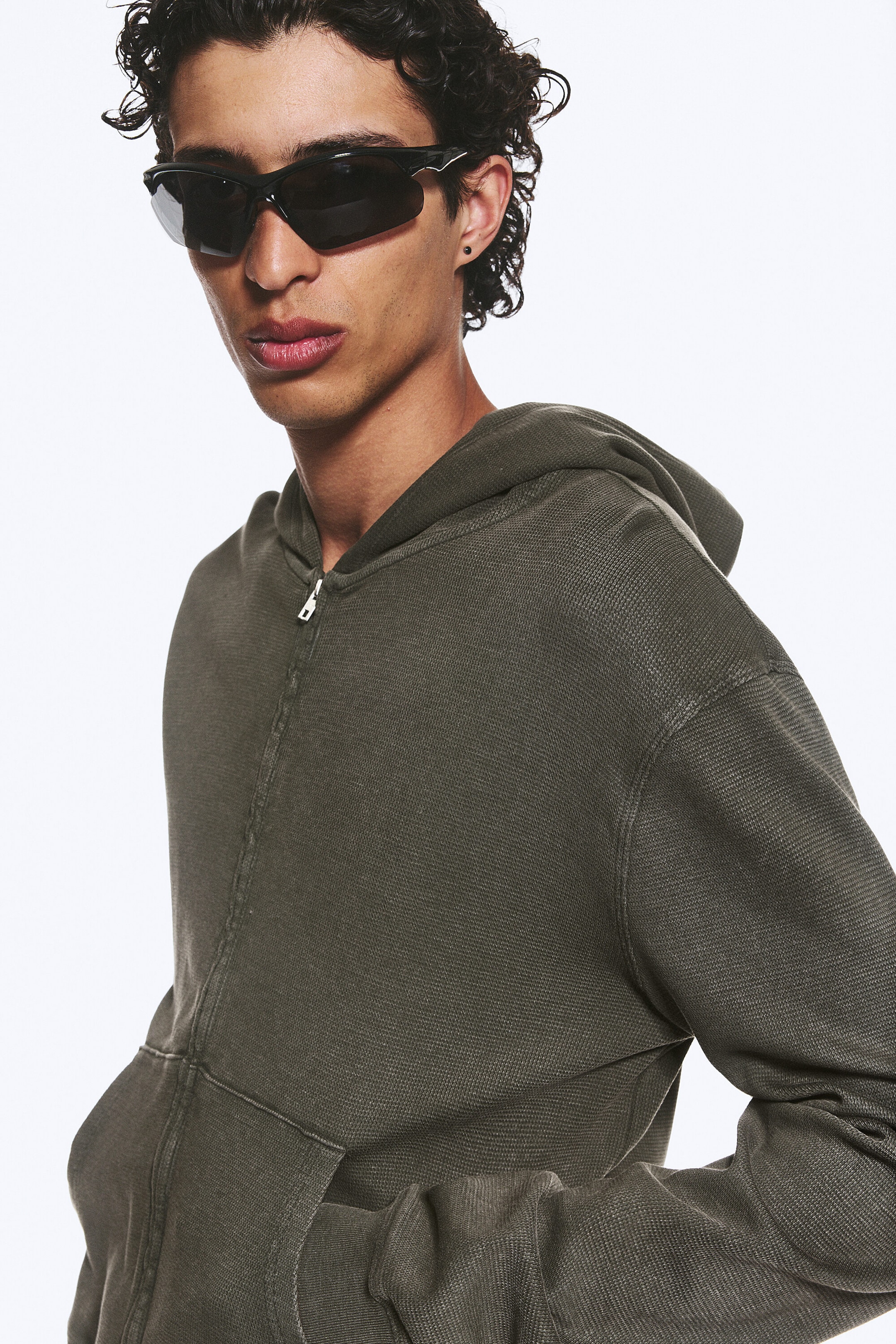 Dunkles Khakigrün - Verkürzter Zip-Hoodie - 2