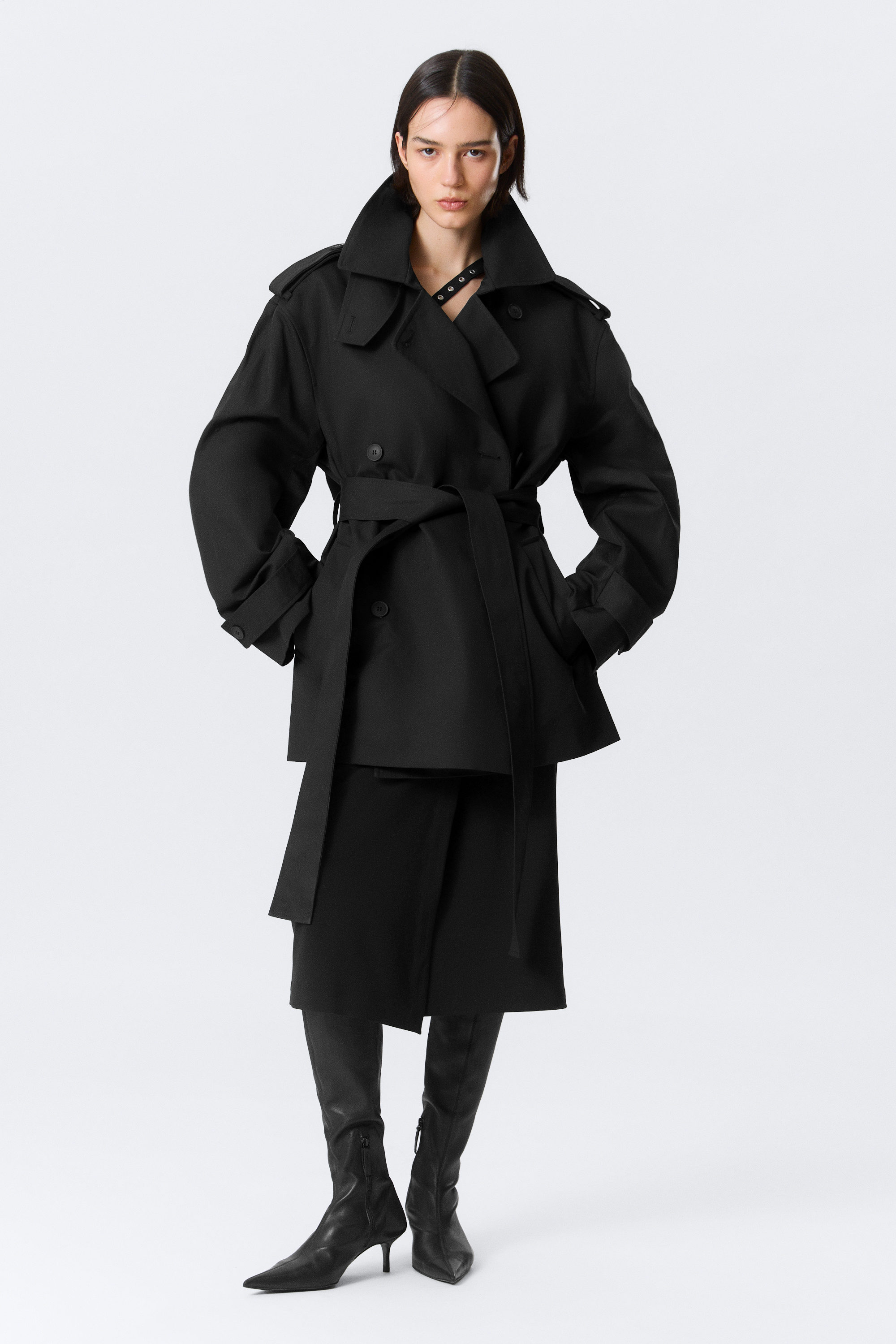 Black - Short Oversized Double-Breasted Trench Coat - 2