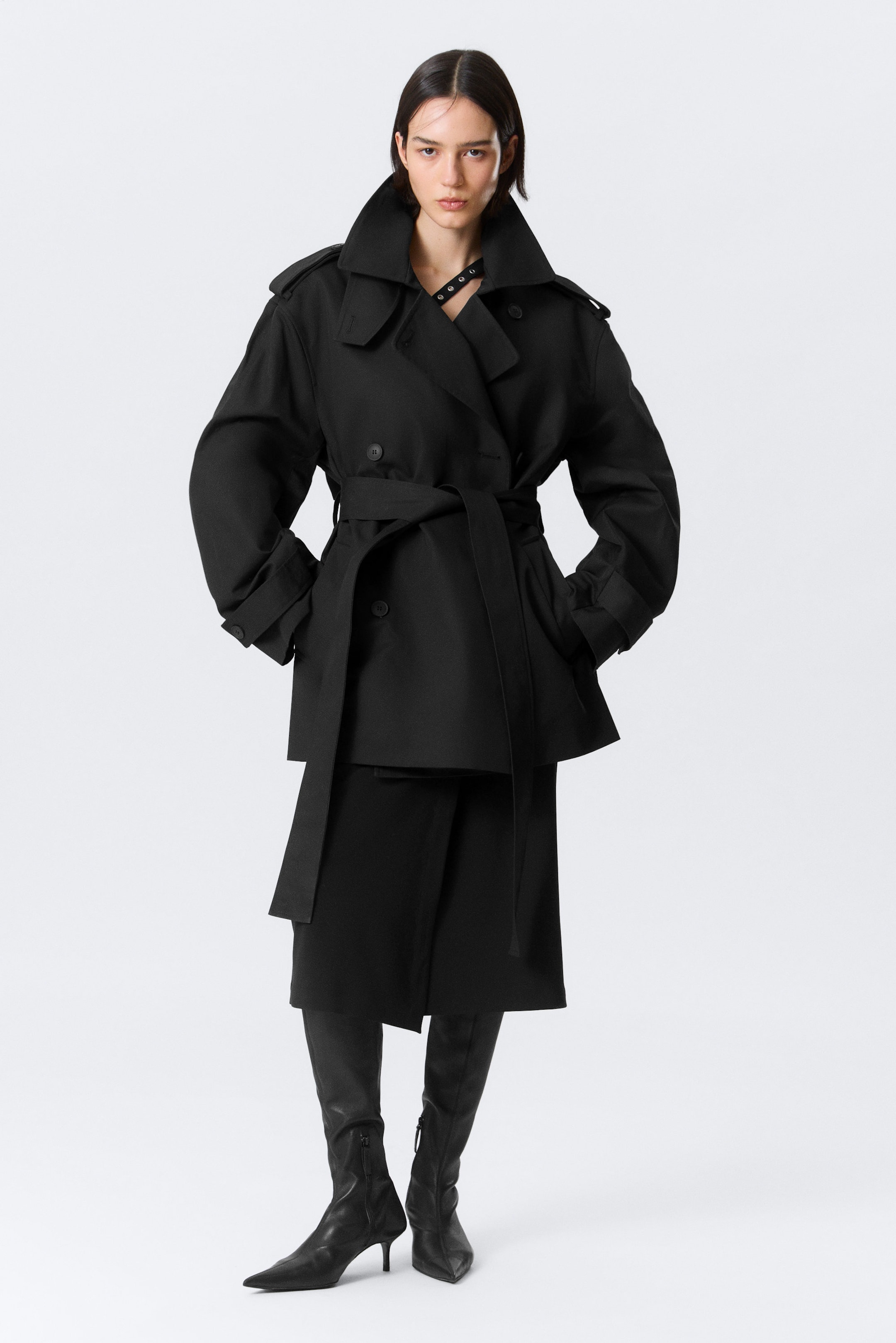 Black - Short Oversized Double-Breasted Trench Coat - 2