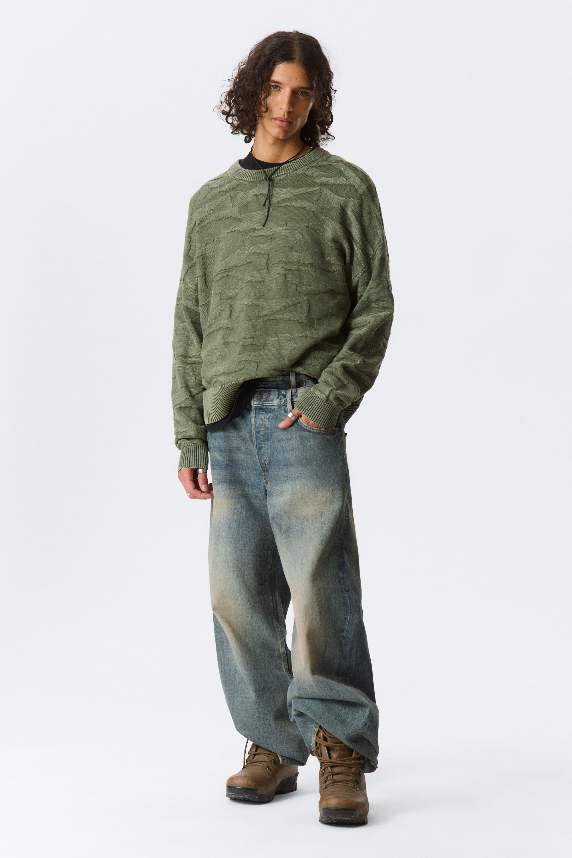 Structured Dark Green - Oversized Graphic Cotton Knit Sweater - 1