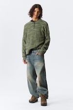 Structured Dark Green - Oversized gebreide katoenen trui met grafische print - 0