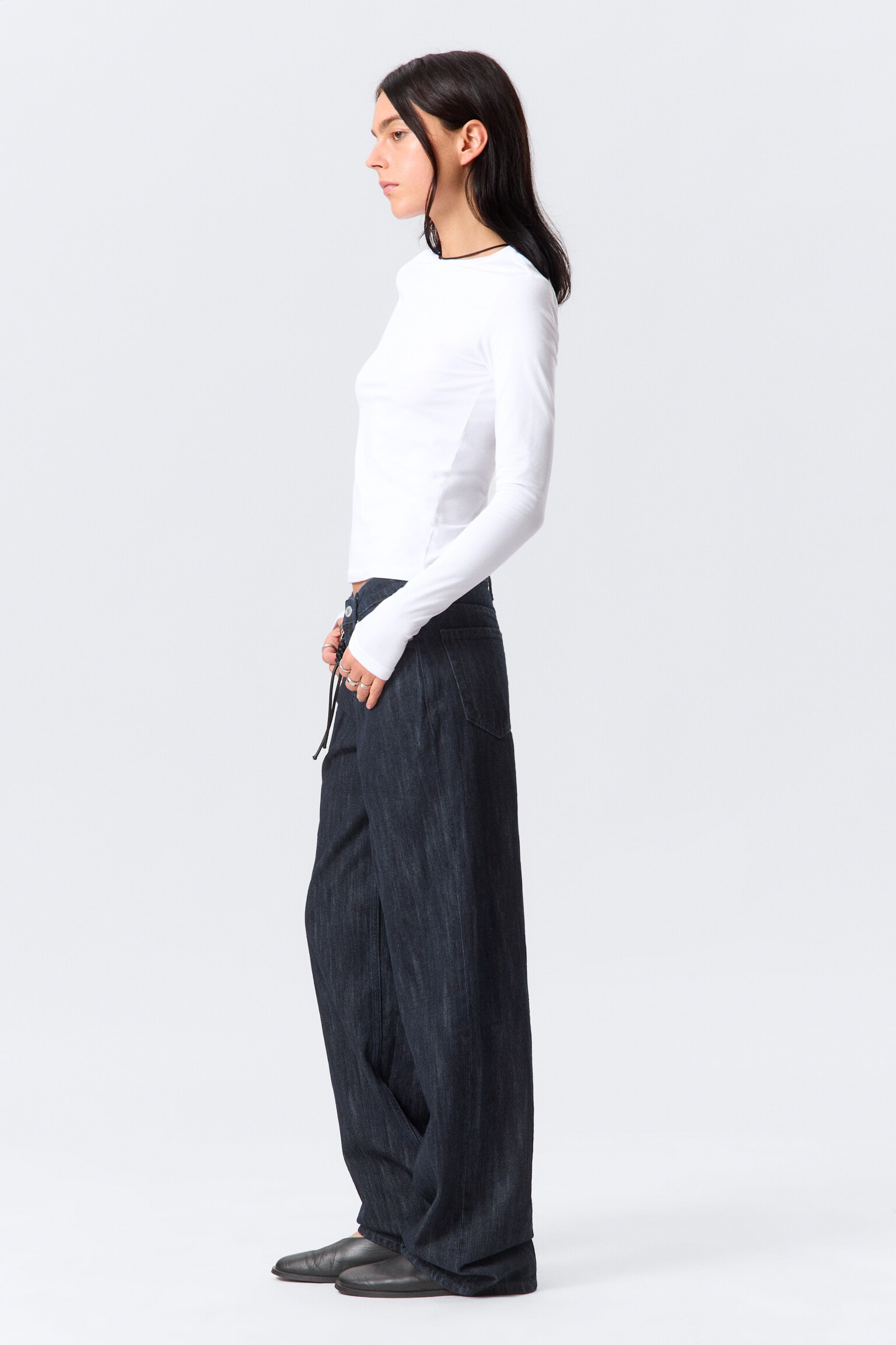 Ample Mid Rise Loose Wide Leg Jeans - Slub Rinse - Dark Blue - 3