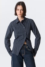 Striped Dark Blue - Asymmetric Fitted Poplin Shirt - 1