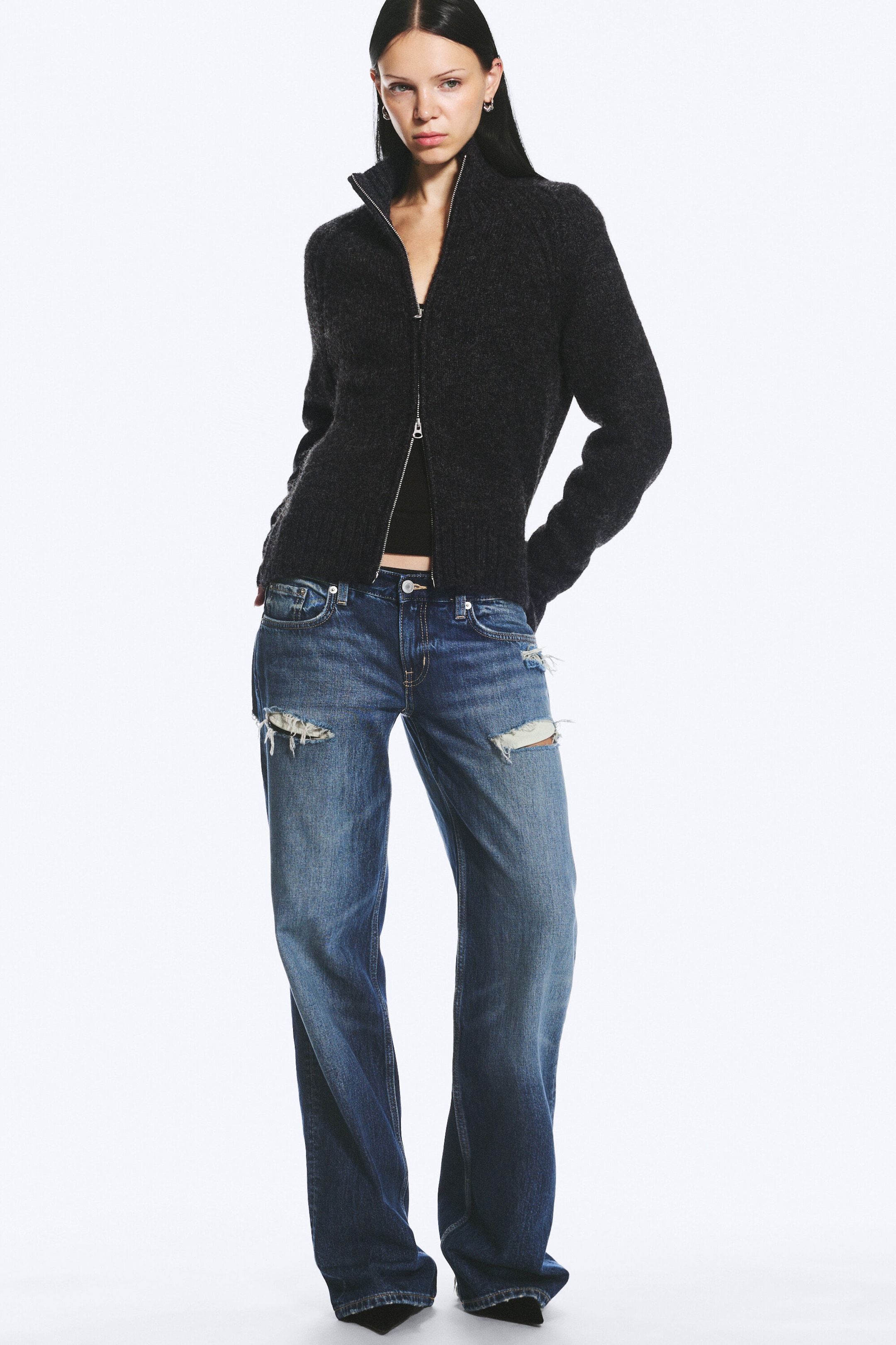 Dark Grey Melange - Soft Knitted Fitted Zip Cardigan - 2