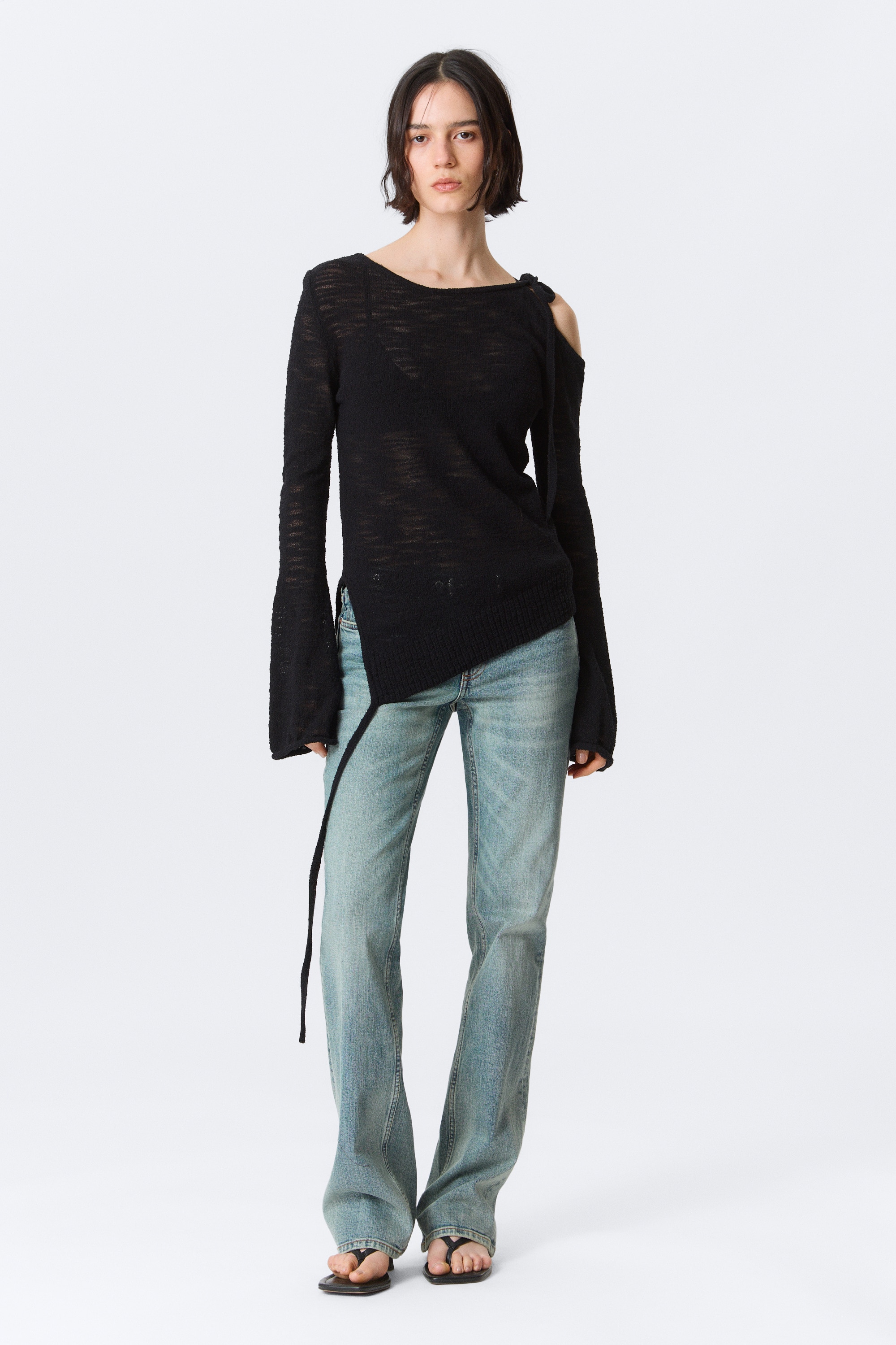 Asymmetric Tie-Shoulder Knitted Sweater - Black/Light Mole