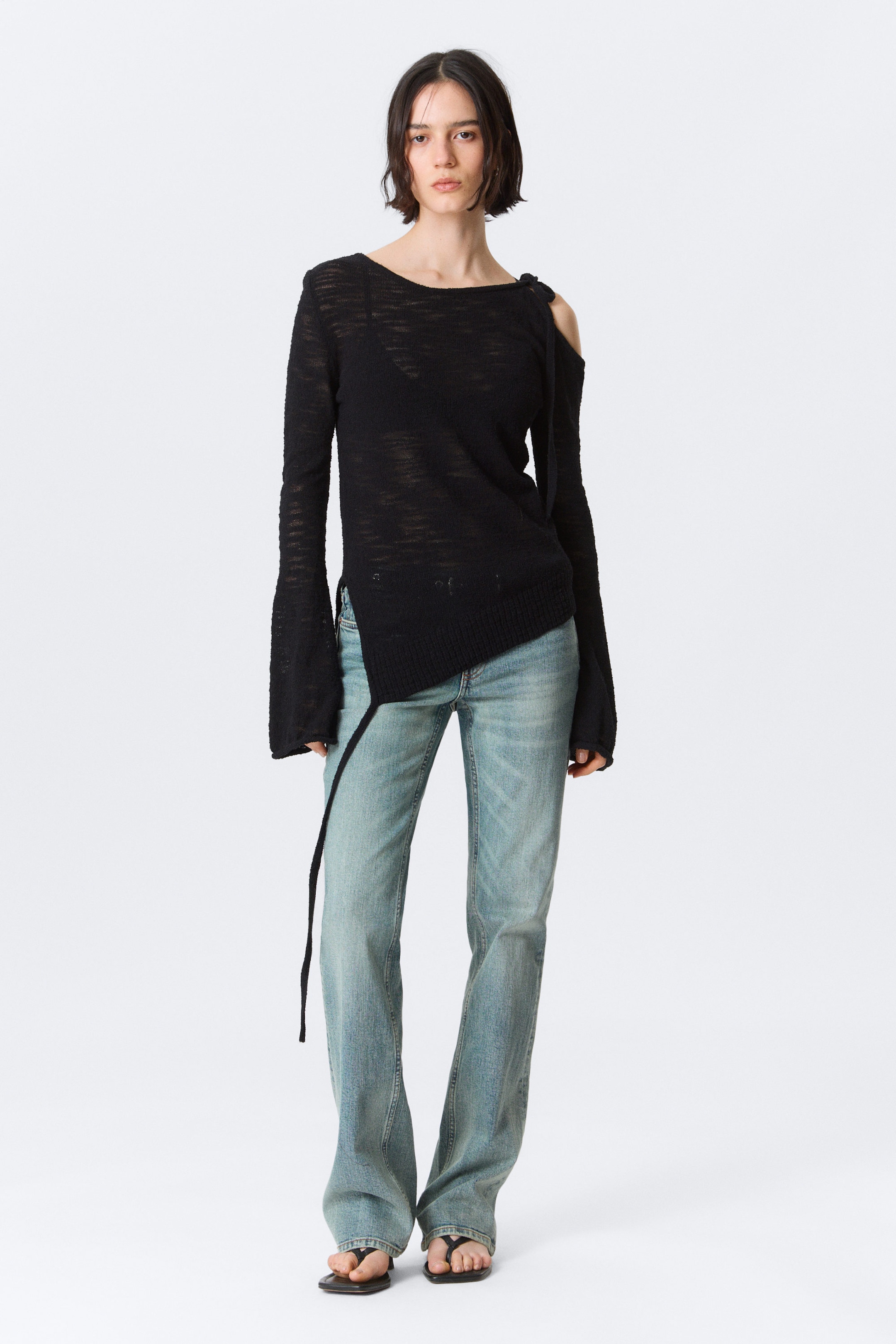 Black - Asymmetric Tie-Shoulder Knitted Sweater - 1