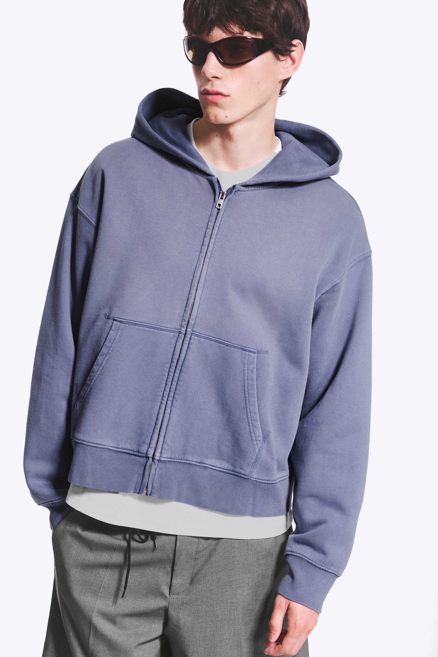 Sweat à capuche zippé carré - Bleu délavé - 1