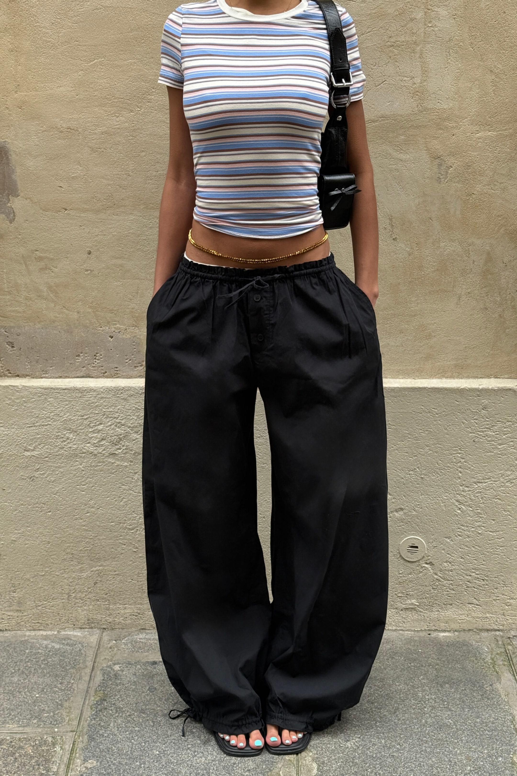 Black - Low Rise Ruched Drawstring Trousers - 3