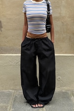 Black - Low Rise Ruched Drawstring Trousers - 3