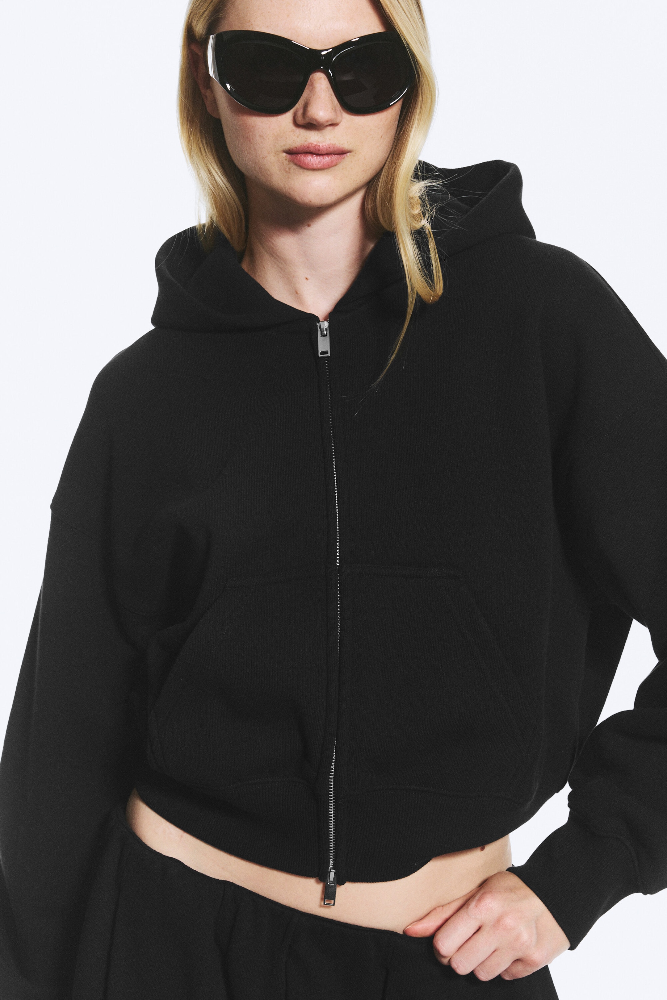 Black - Cropped Boxy Zip Hoodie - 1