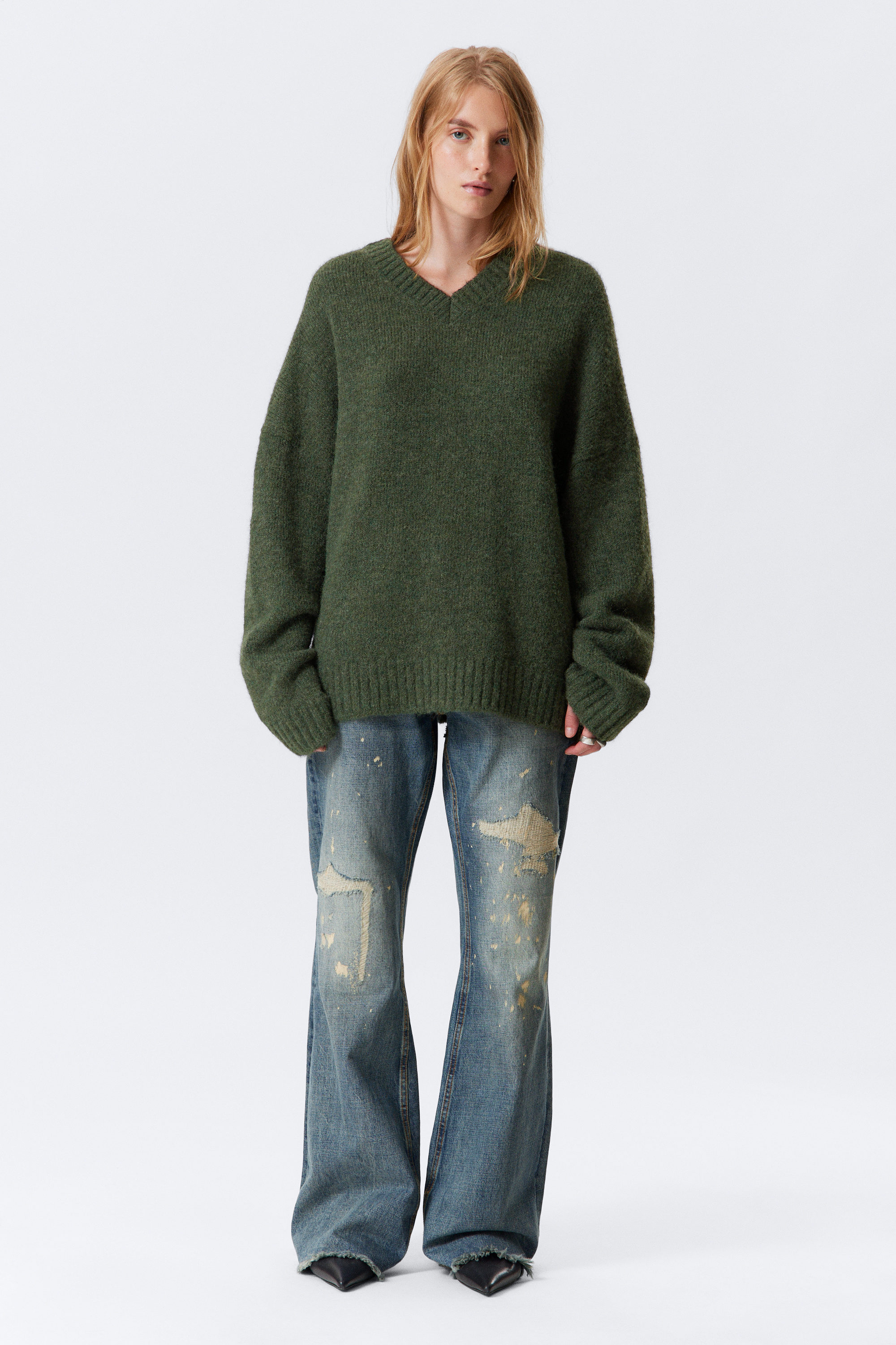 Dark Green - Oversized V-Neck Wool Blend Sweater - 1