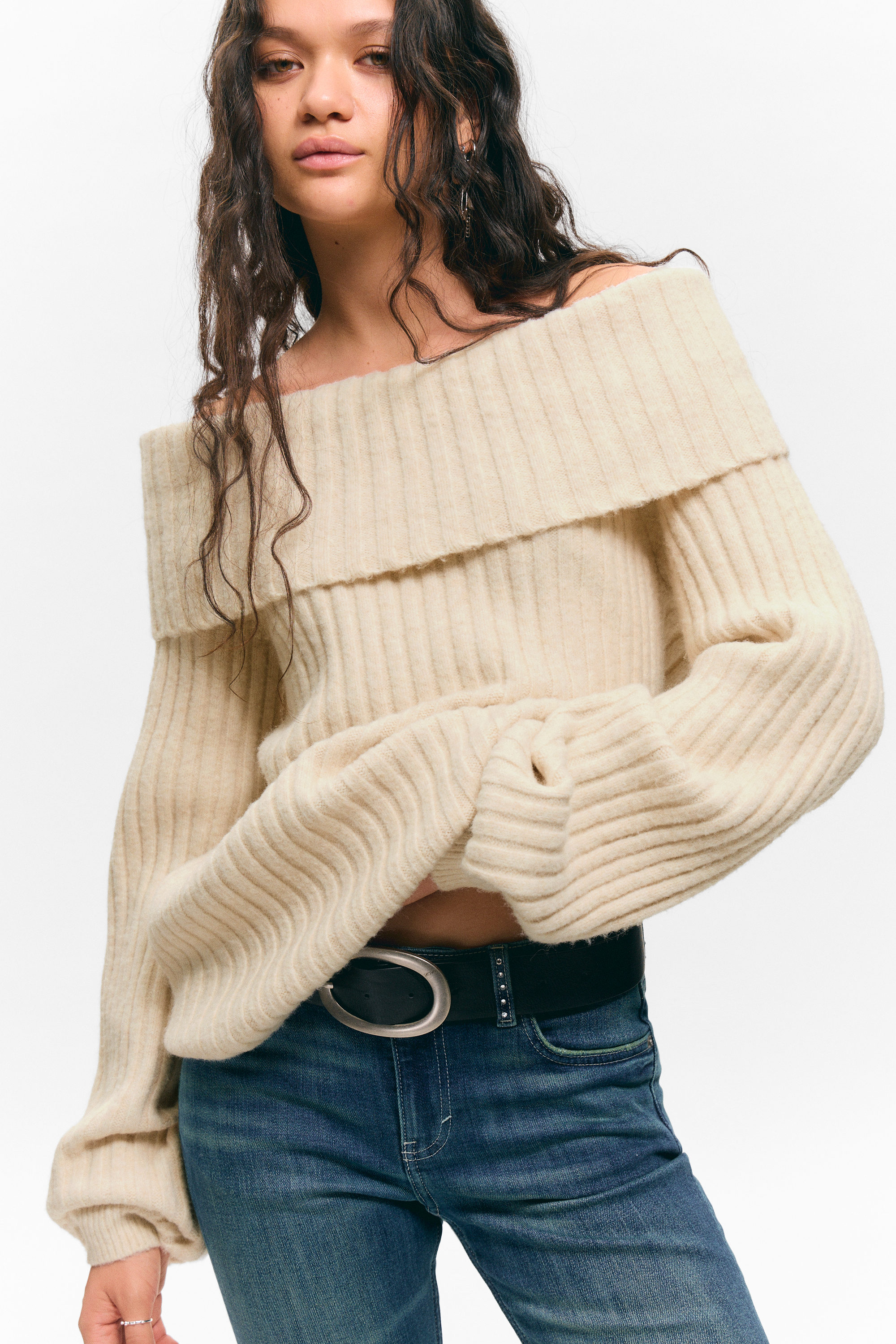 Light Beige - Off-Shoulder Ribbed Knitted Sweater - 1