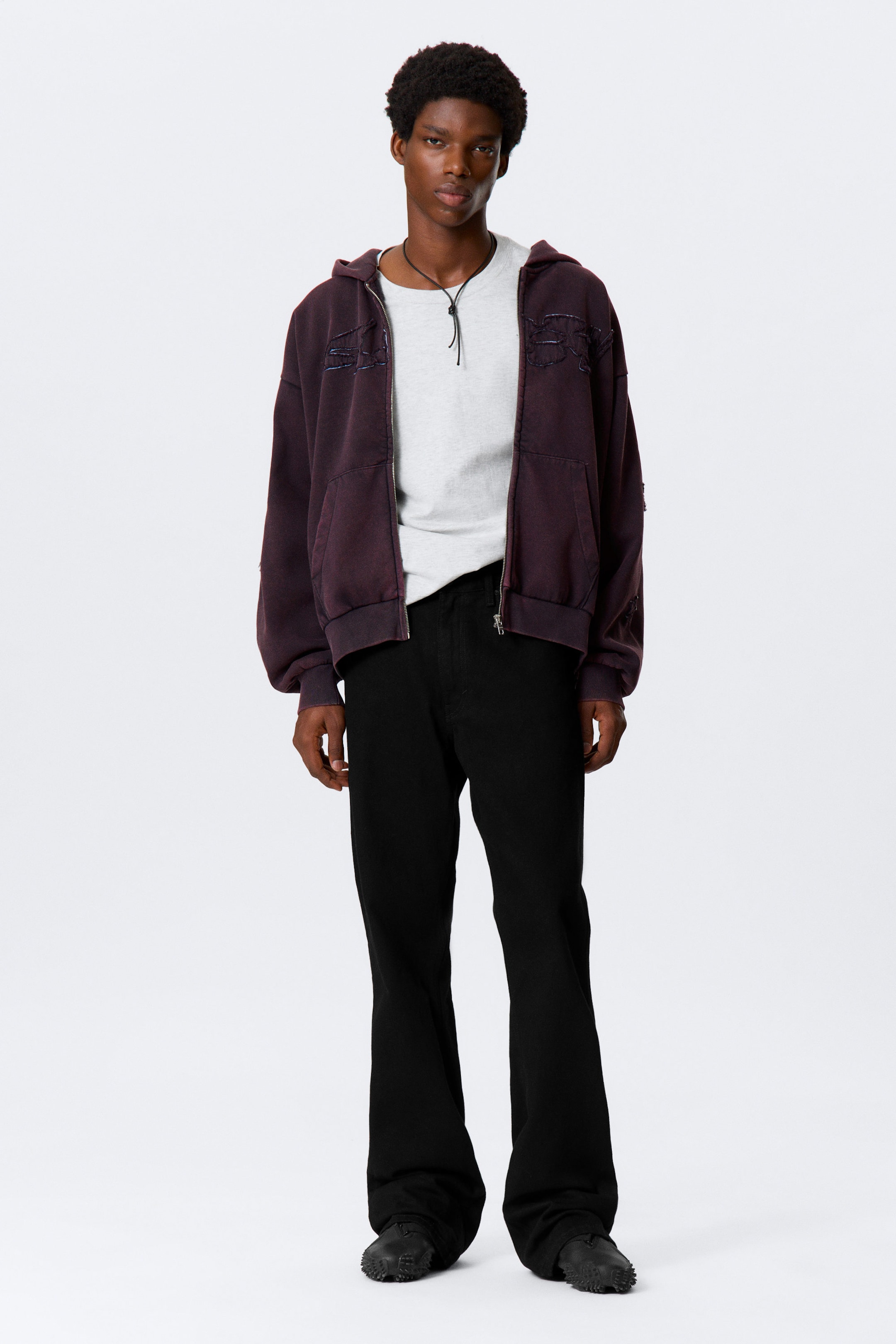 Burgundy - Square Graphic Zip Hoodie - 1