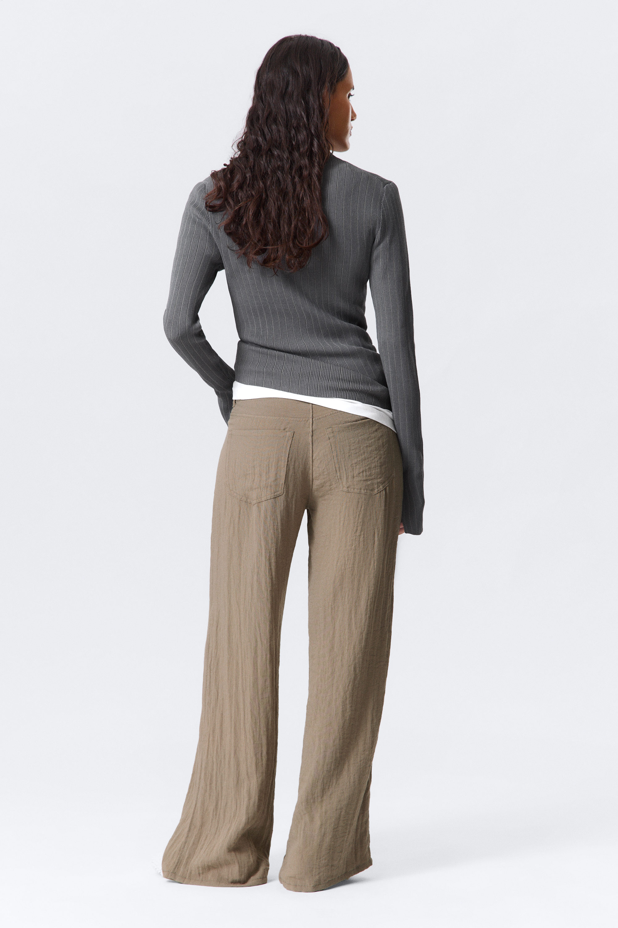 Beige - Crinkle Low Waist Loose Fit Trousers - 3