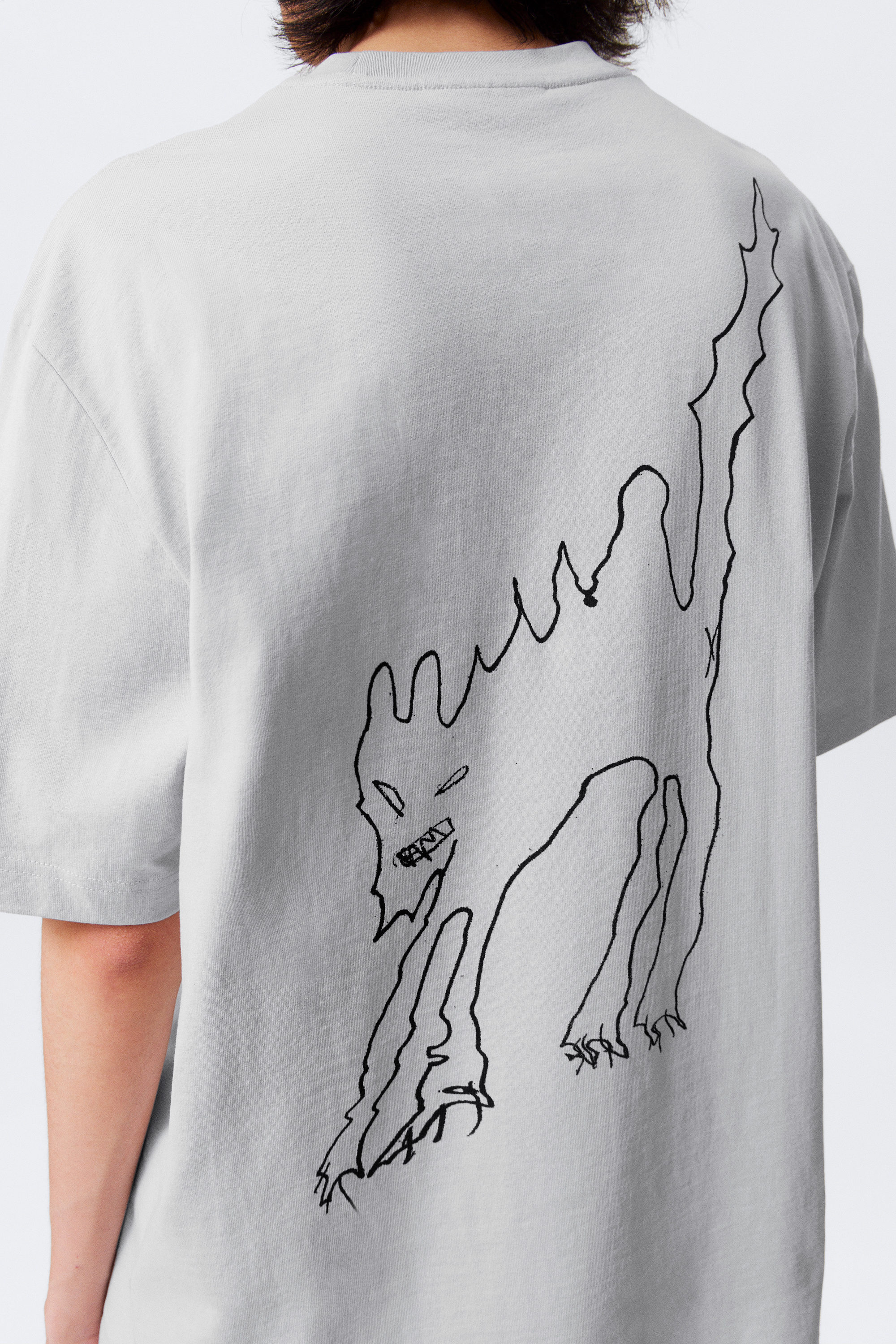 Grey - Scared Cat - Relaxed Graphic Printed T-shirt - 2