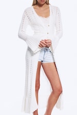 White - Long Frilled Knitted V-neck Cardigan - 1