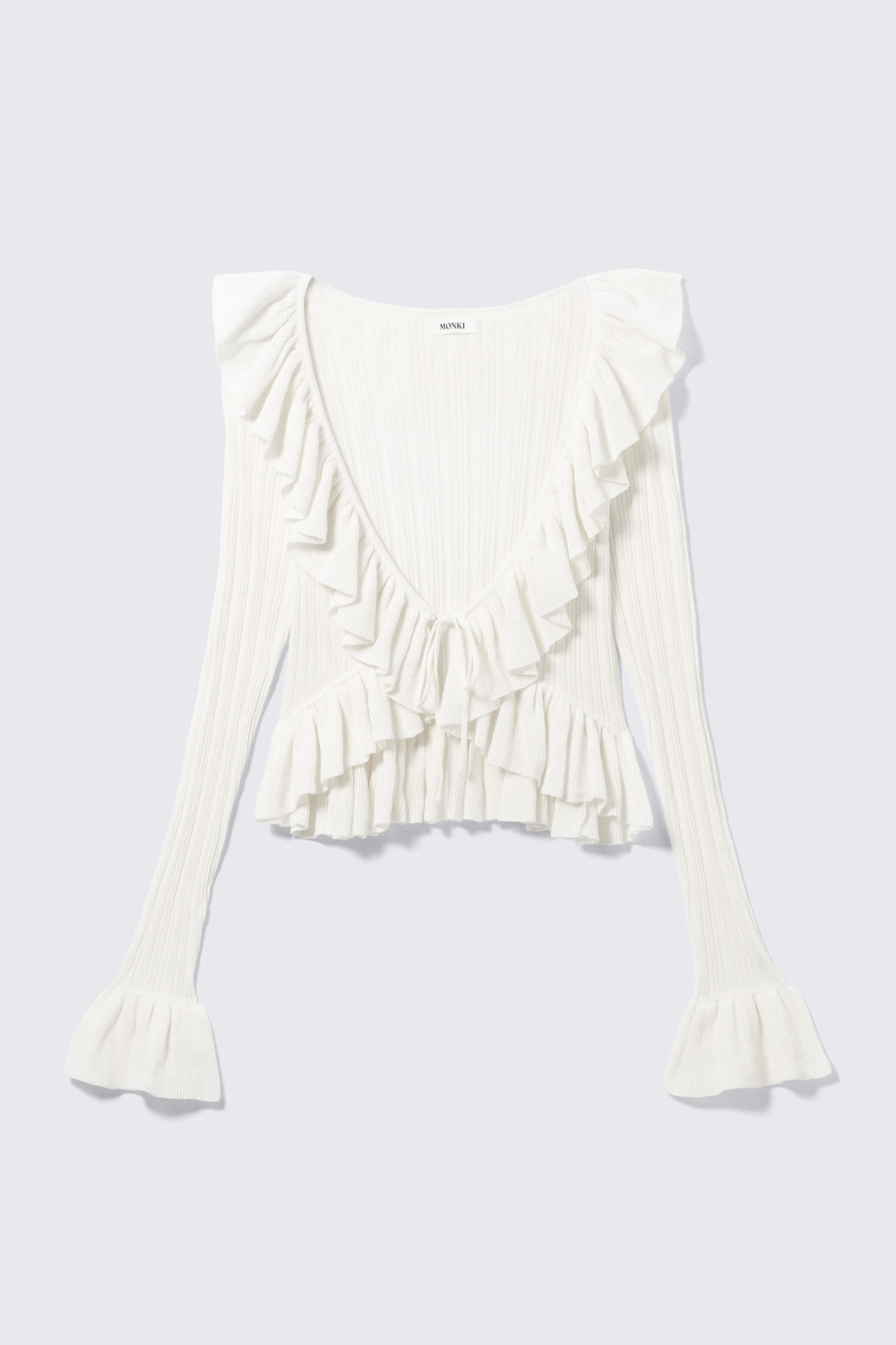 Vit - YULIA B stickad v-ringad cardigan med volang - 3