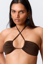 Dark Brown - Ruched Halter Bandeau Bikini Top - 1