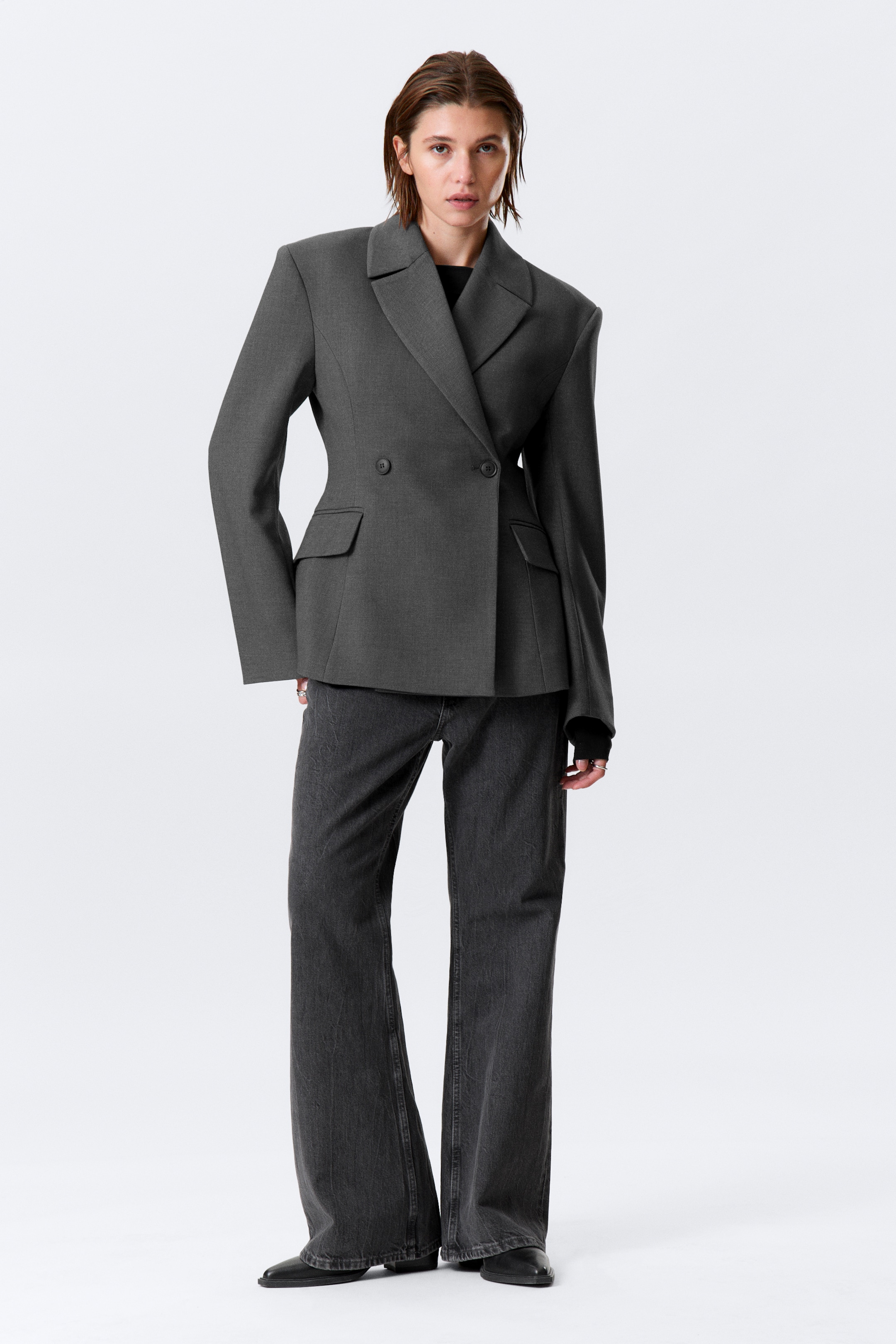 Ingrandisci l'immagine: Fitted Double-Breasted Blazer - Dark Grey Melange - DONNA | H&M CH 1