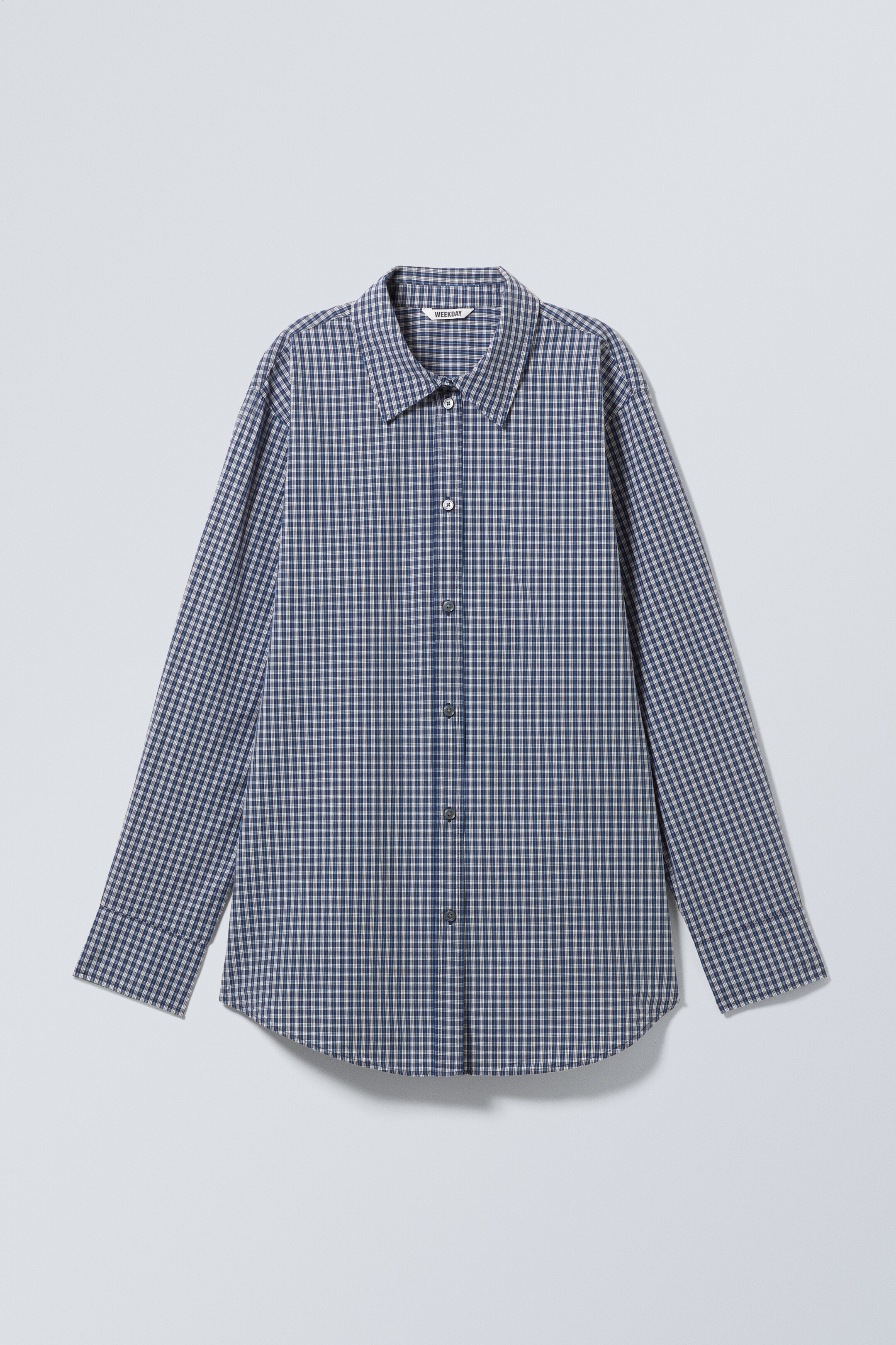 Προβολή μεγαλύτερης εικόνας: Long-Sleeved Poplin Cotton Shirt - Dark Blue Check - Ladies | H&M GR 1