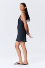 Dark Blue - Sheer Sleeveless Boat-Neck Mini Dress - 1