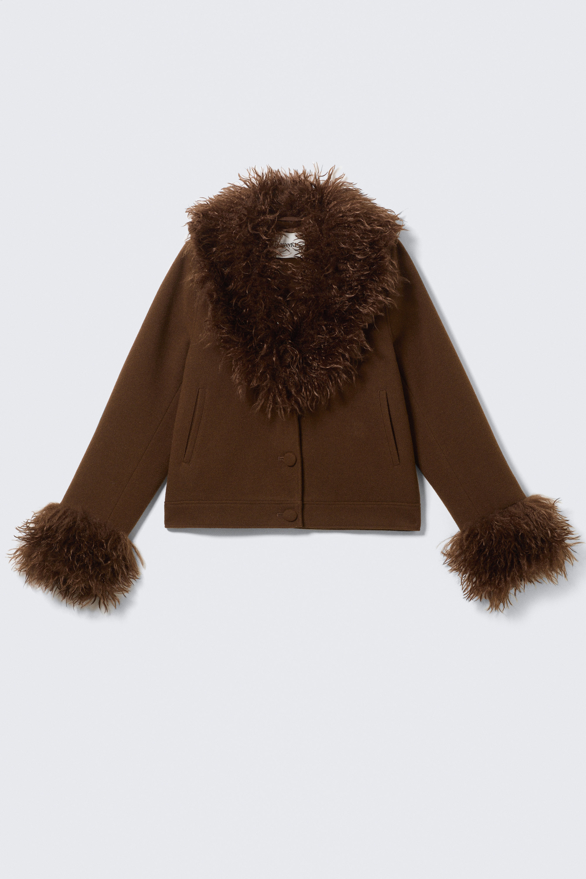 Dark Brown - Cropped Faux Fur Trim Jacket - 4
