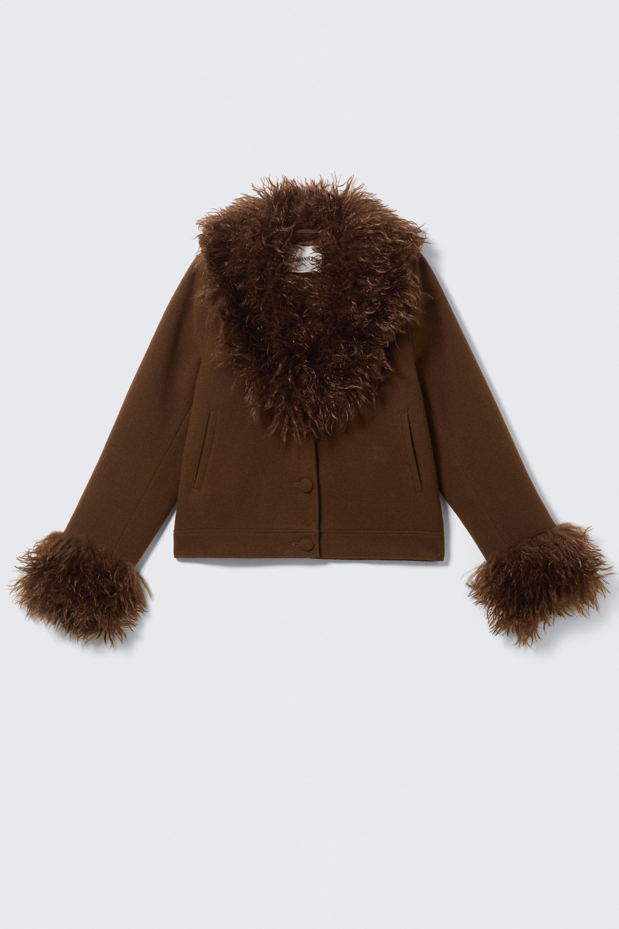 Dark Brown - Cropped Faux Fur Trim Jacket - 4