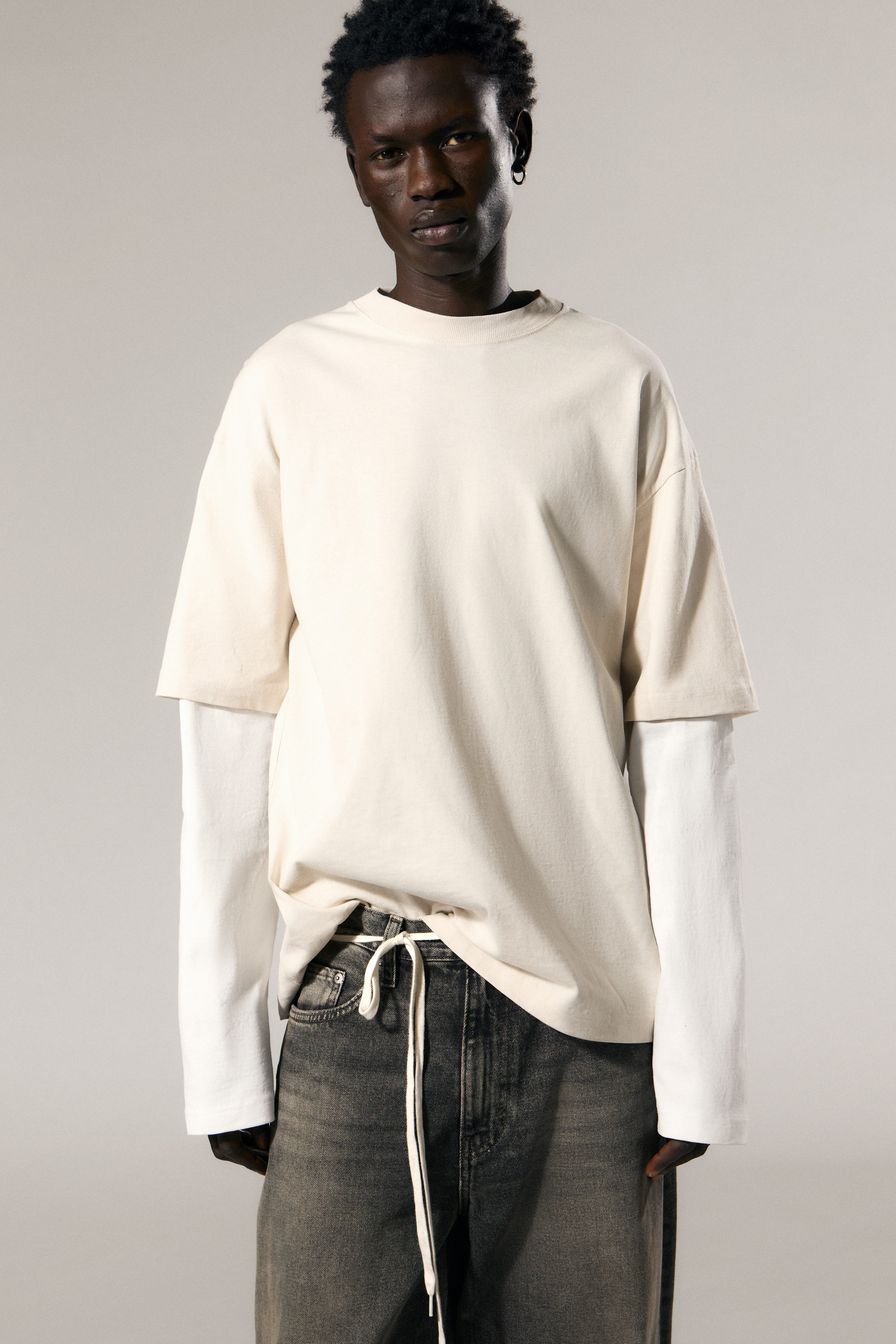 double-layered cotton t-shirt - Light Beige & White | Weekday WW