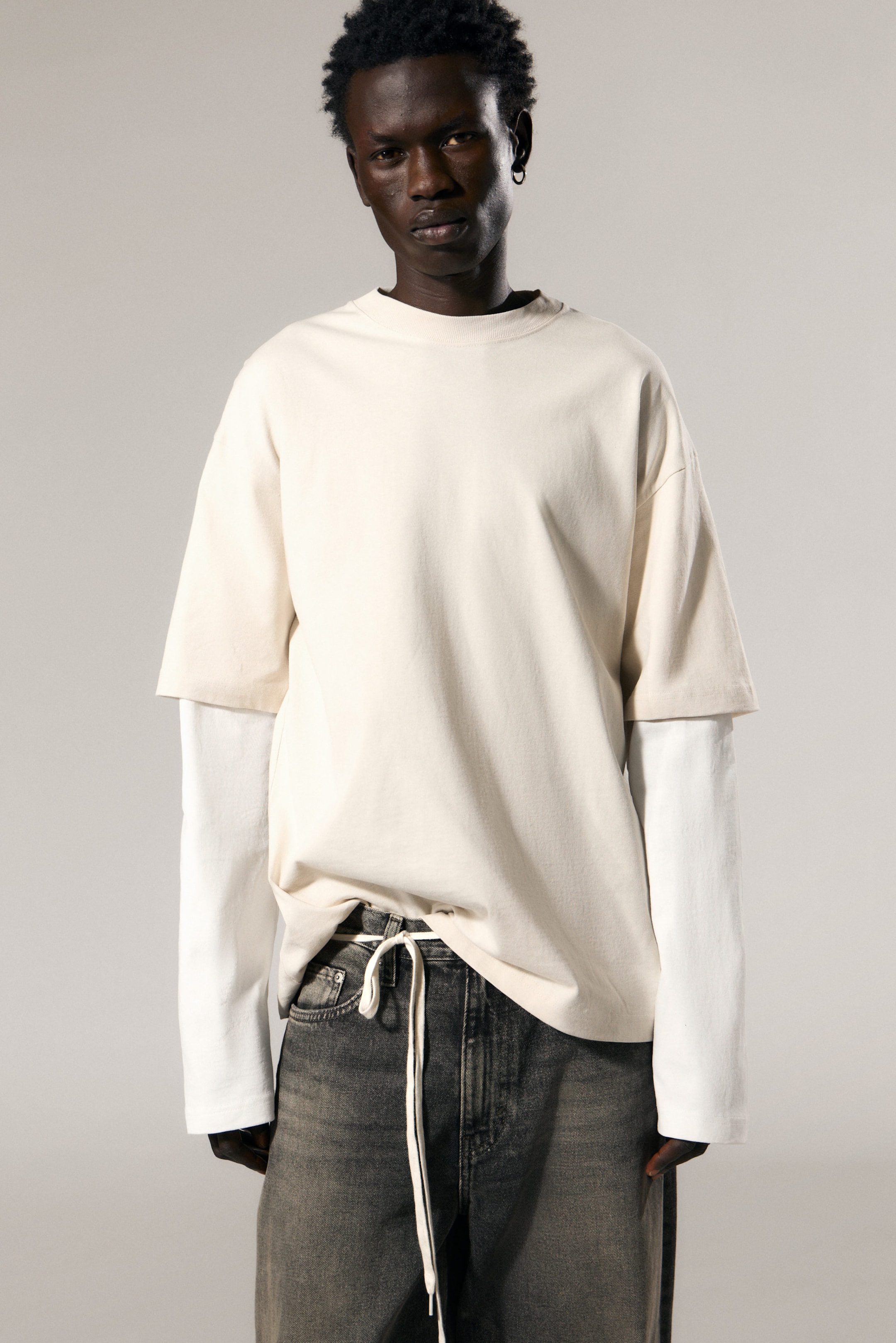 Light Beige & White - Double-Layered Cotton T-shirt - 1