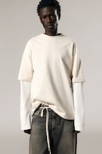 Light Beige & White - Double-Layered Cotton T-shirt - 0