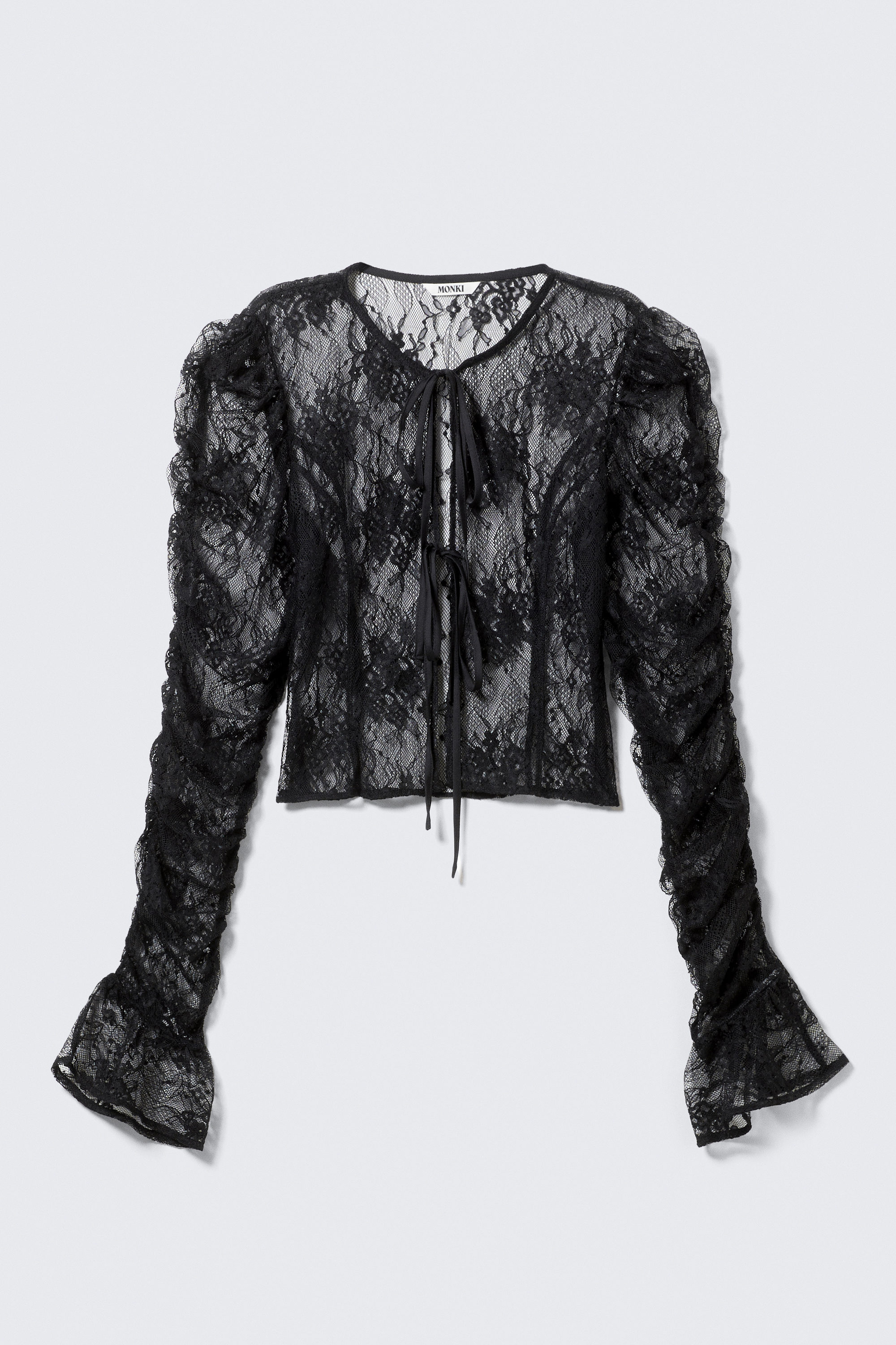 Schwarz - Spitzen-Top mit Bindeband vorne - 1