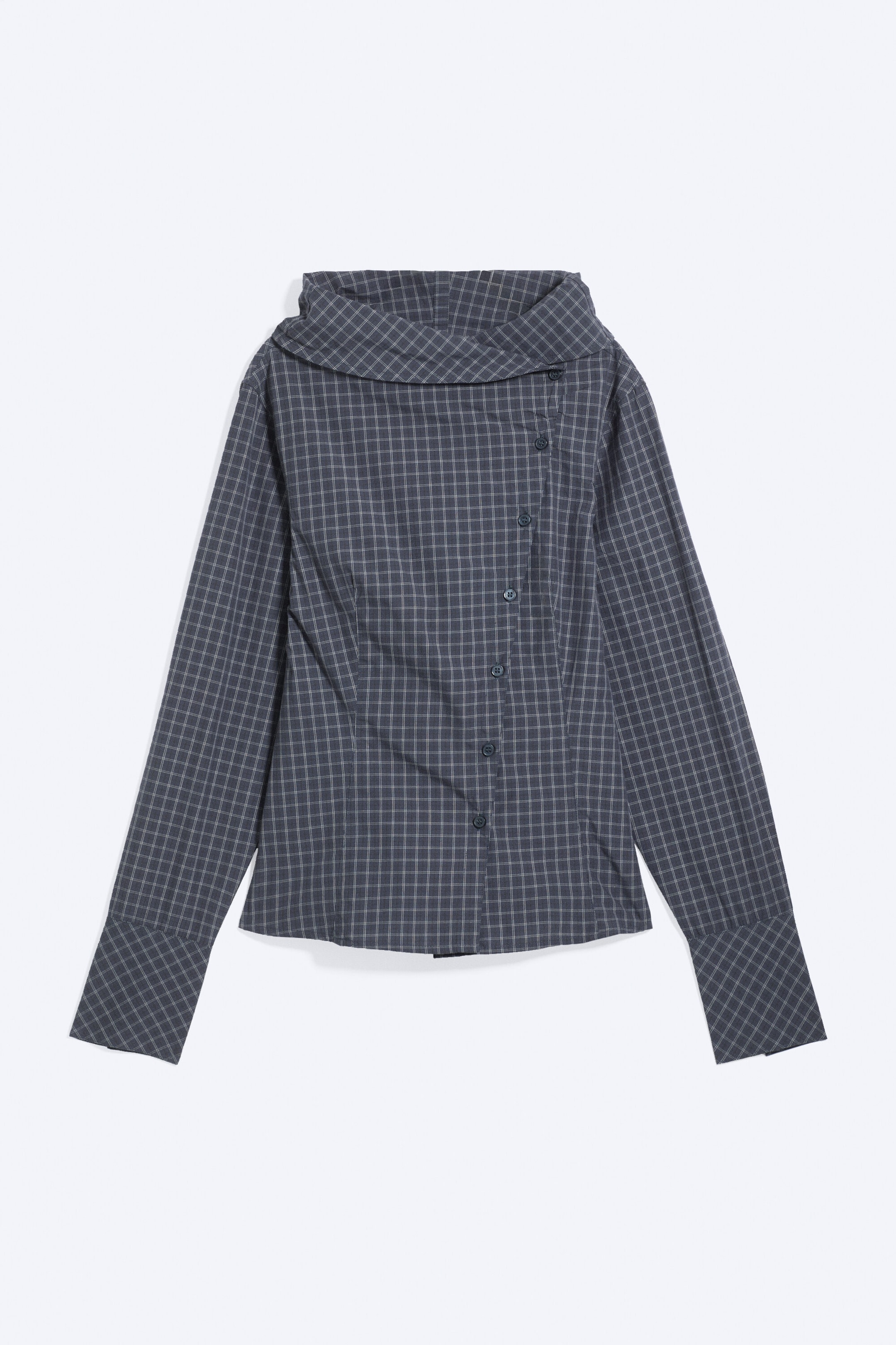Checked Dark Blue - Asymmetric Buttoned Funnel top - 1
