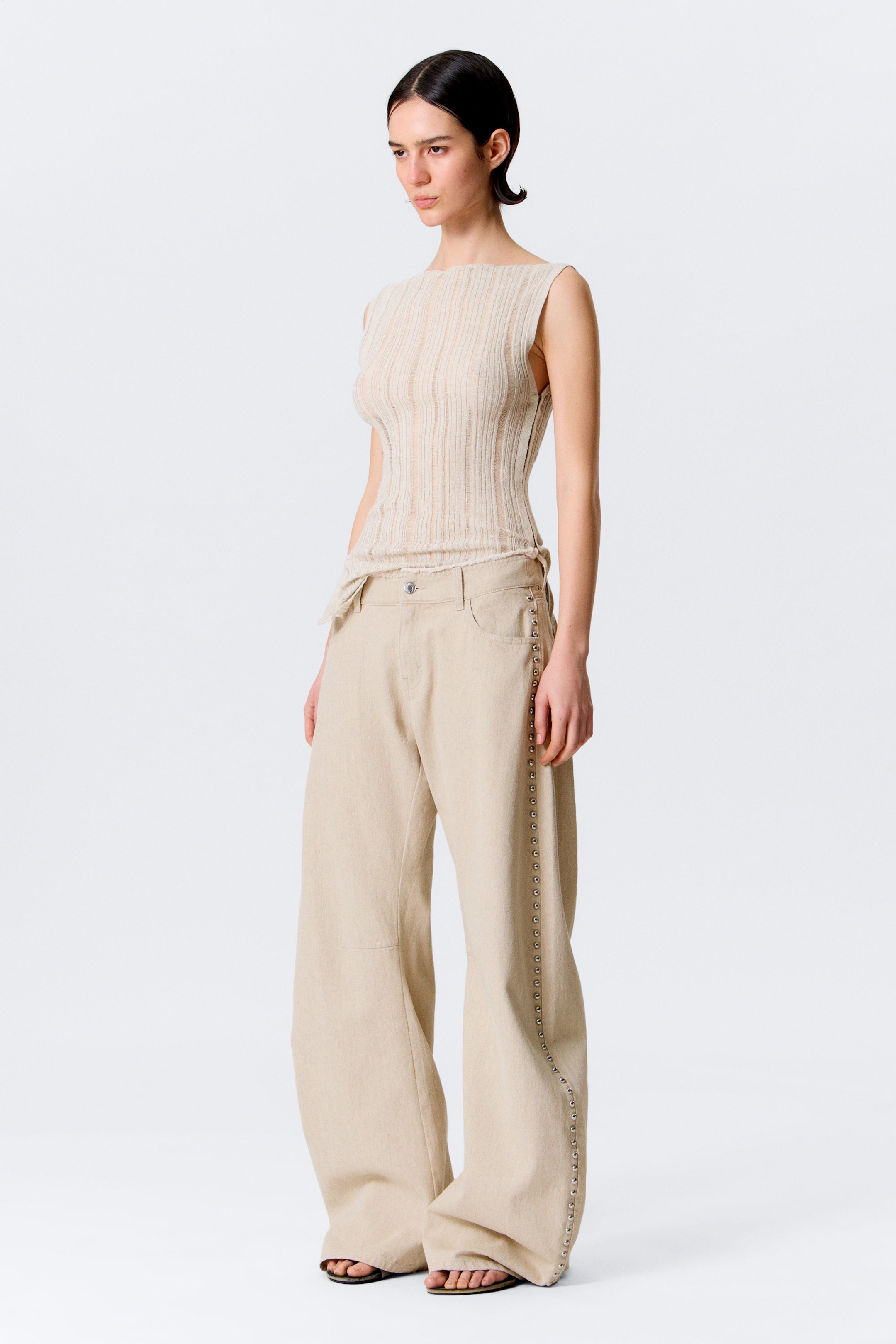 Beige - Low Rise Loose Studded Balloon Trousers - 1