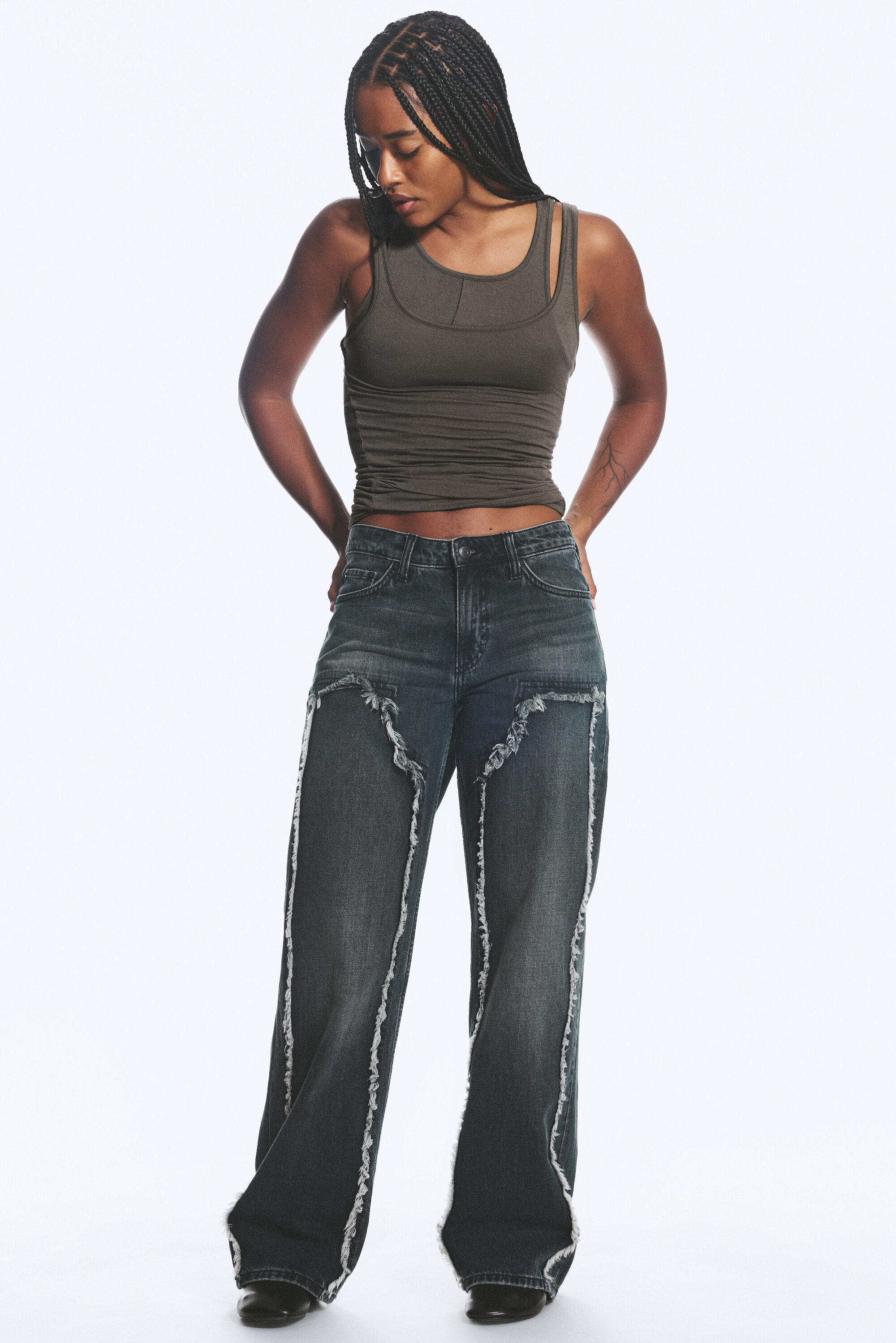 ample frayed low rise loose wide jeans - Kimberly Blue - Dark Blue