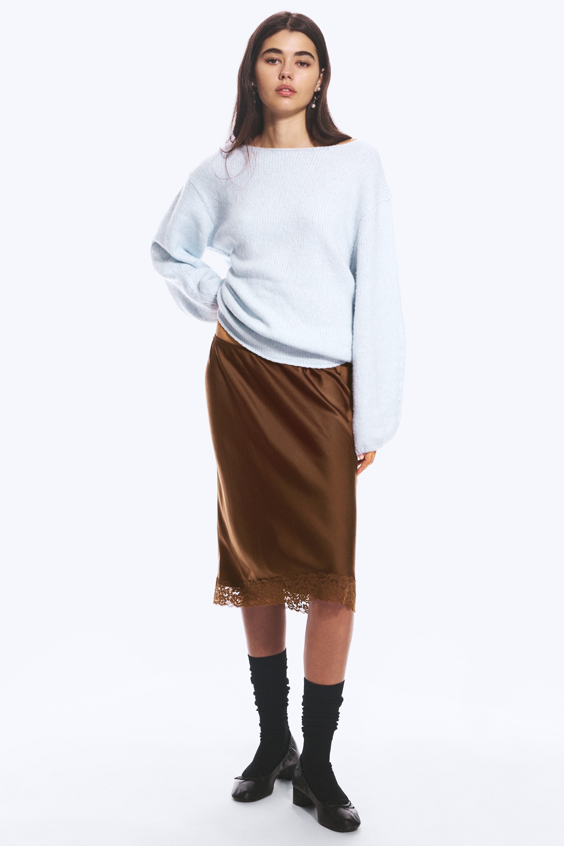 Dark Brown - Satin Lace Midi Skirt