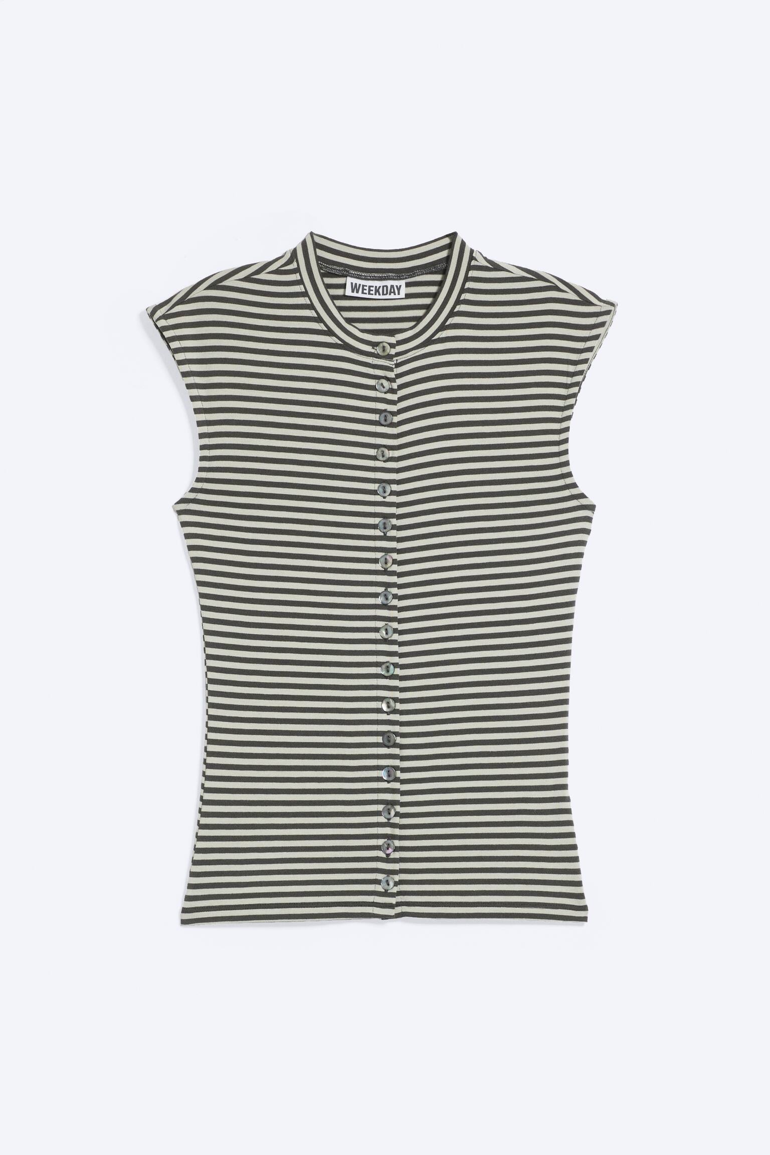 Pearl Button Up Top - Striped Grey/Black - Pearl Buttons/Dusty Grey/Dusty Grey Melange/White - Pearl Buttons
